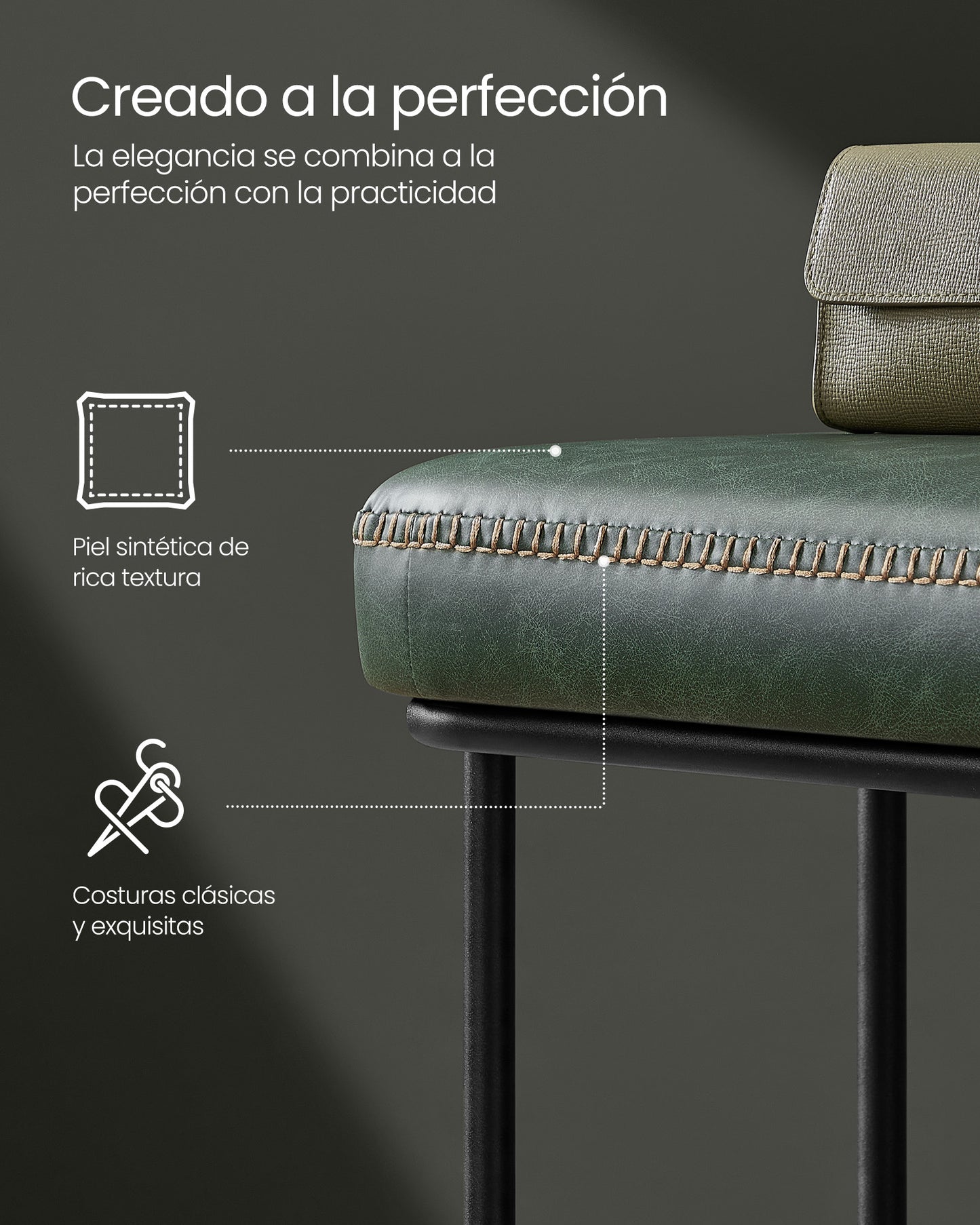 Banco Recibidor, Banqueta Dormitorio, Banco Entrada, Piel Sintética con Costuras, Carga 300 kg, Verde, VASAGLE, 3