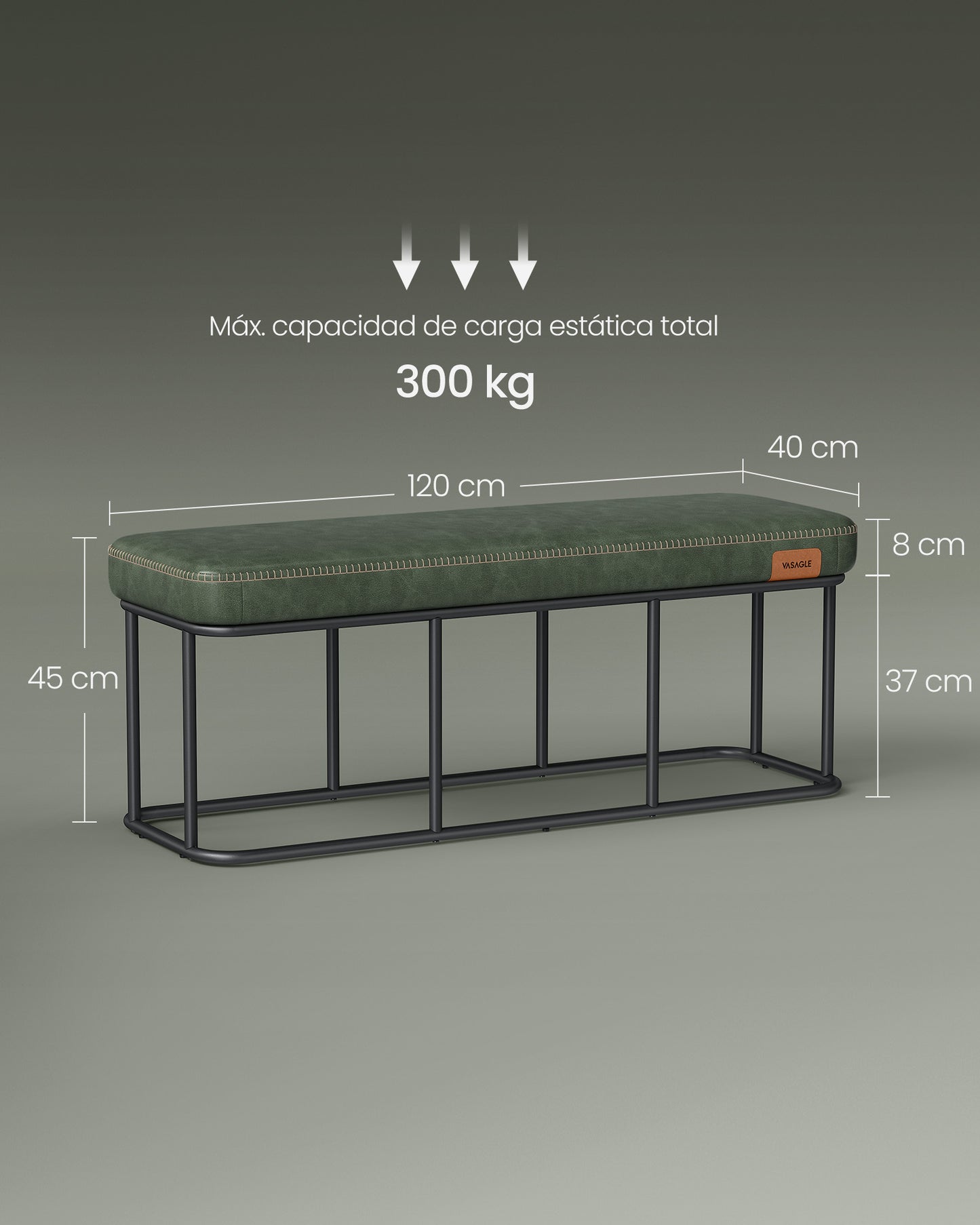 Banco Recibidor, Banqueta Dormitorio, Banco Entrada, Piel Sintética con Costuras, Carga 300 kg, Verde, VASAGLE, 5