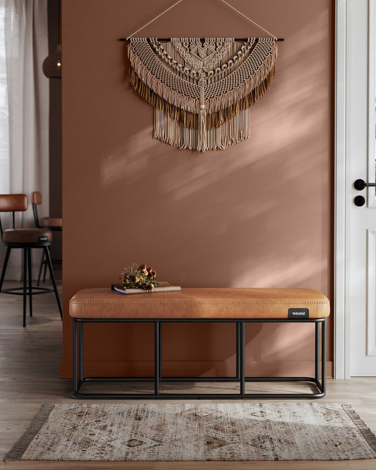 Banqueta Dormitorio, Banco Recibidor, Banco Entrada, Piel Sintética, Estructura de Acero, Carga 300 kg, Caramelo, VASAGLE, 2