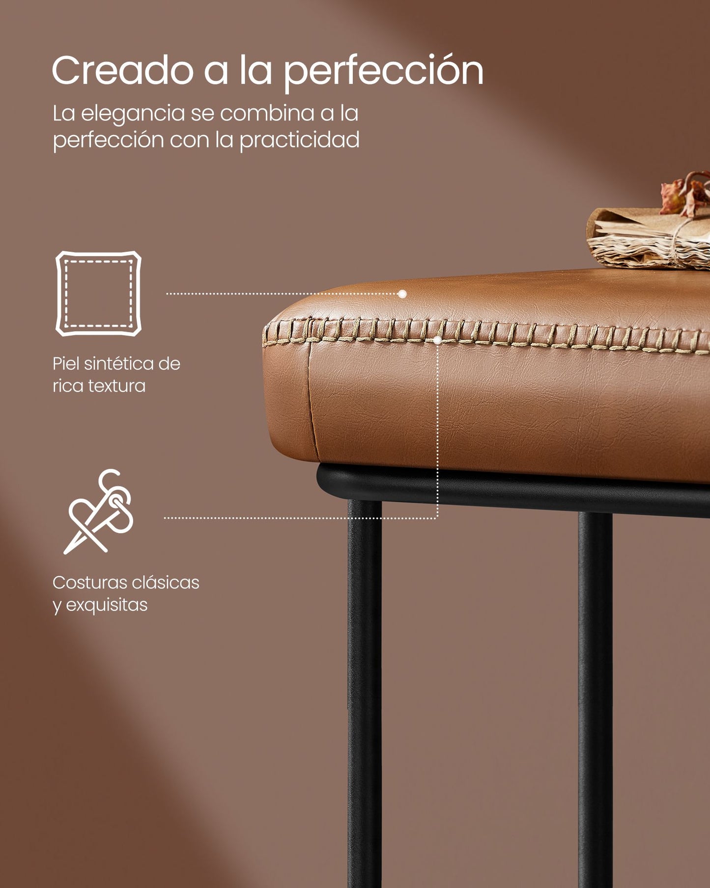 Banqueta Dormitorio, Banco Recibidor, Banco Entrada, Piel Sintética, Estructura de Acero, Carga 300 kg, Caramelo, VASAGLE, 4