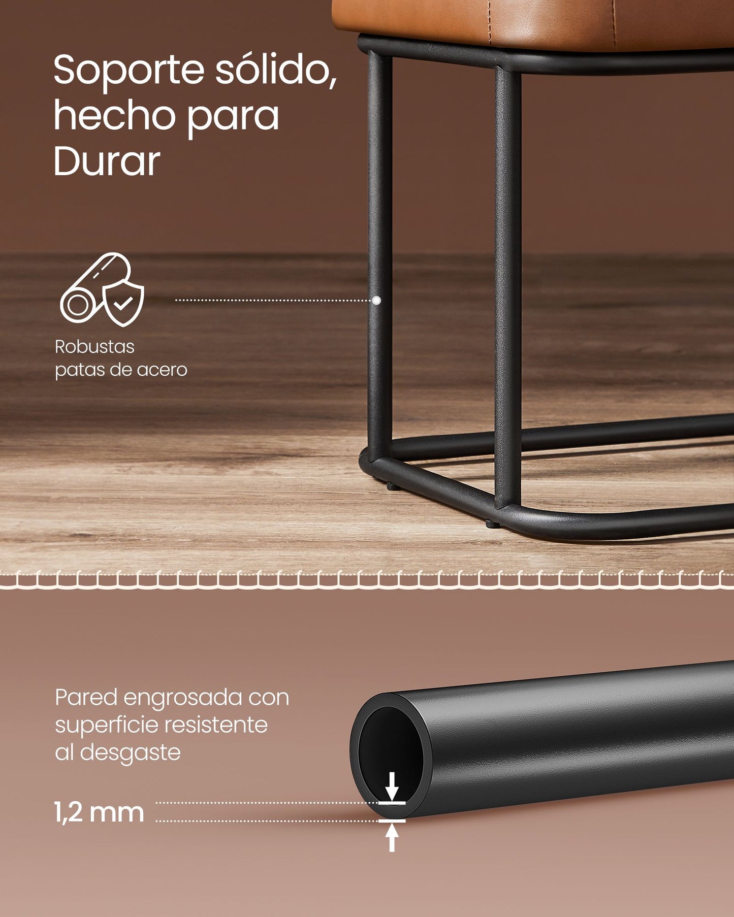 Banqueta Dormitorio, Banco Recibidor, Banco Entrada, Piel Sintética, Estructura de Acero, Carga 300 kg, Caramelo, VASAGLE, 5