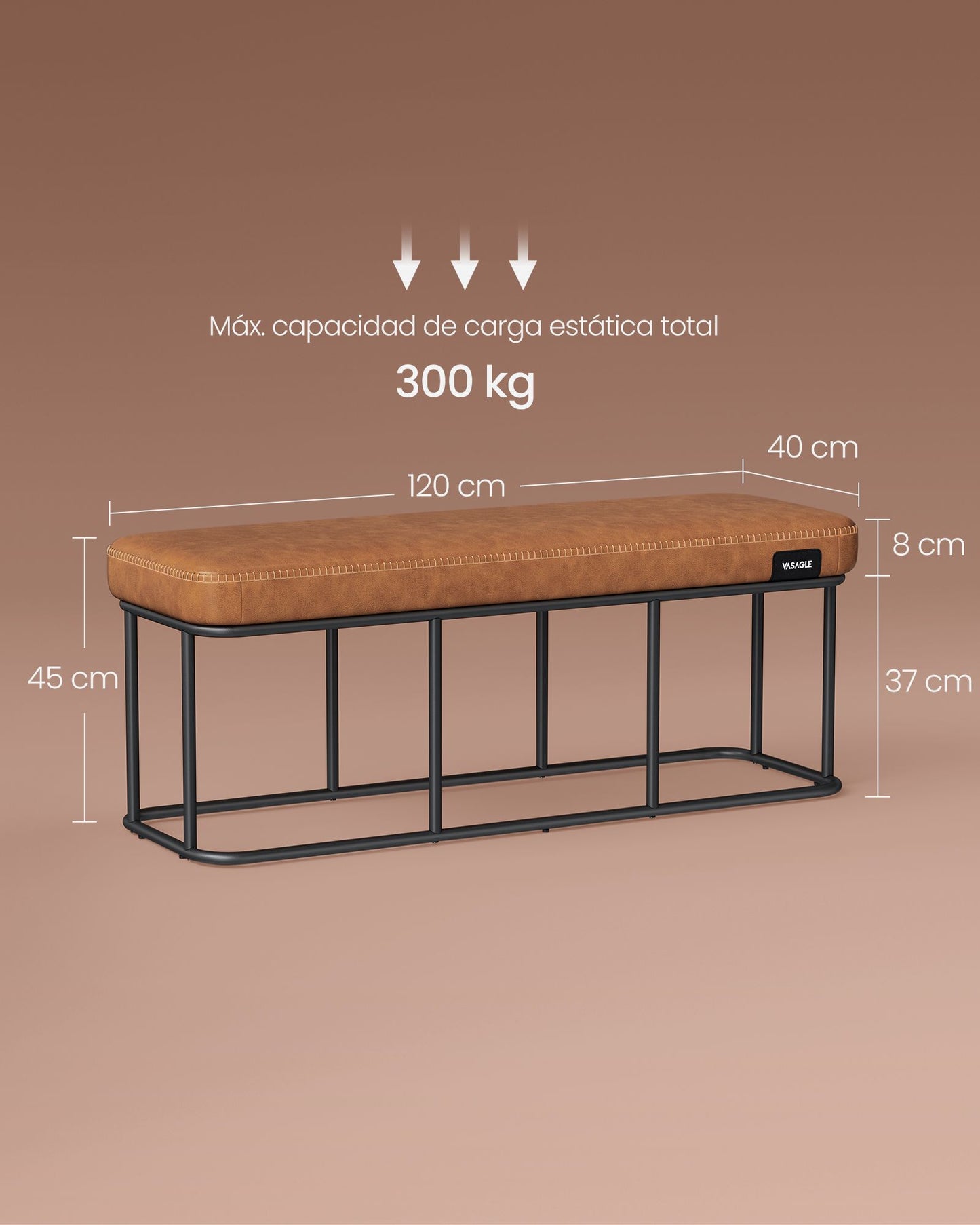Banqueta Dormitorio, Banco Recibidor, Banco Entrada, Piel Sintética, Estructura de Acero, Carga 300 kg, Caramelo, VASAGLE, 6