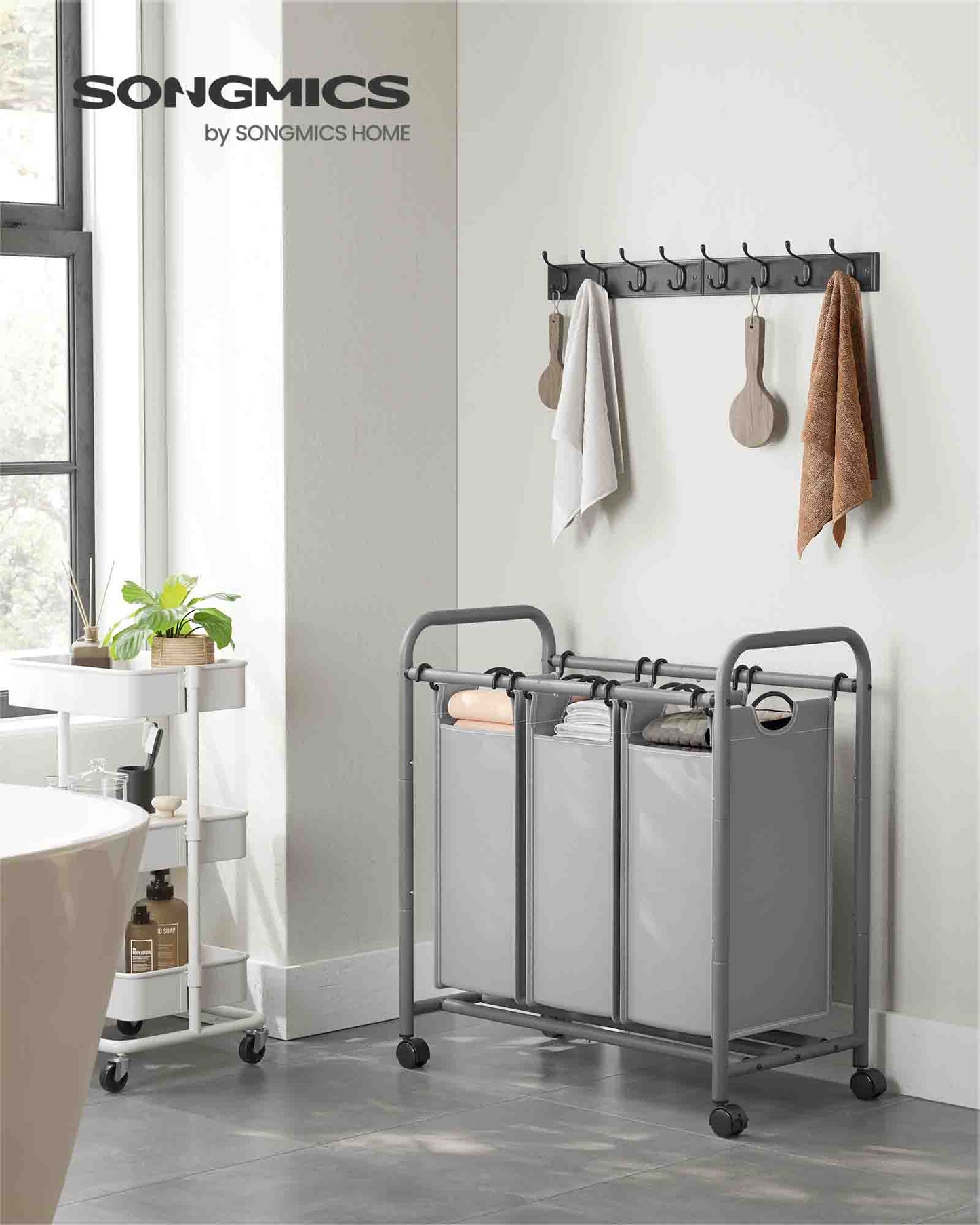 Cesto para Ropa Sucia, 132 L, con 3 Compartimientos, Mueble Ropa Sucia, con Ruedas, Bolsa de Colada Extraíble, Gris, SONGMICS, 11