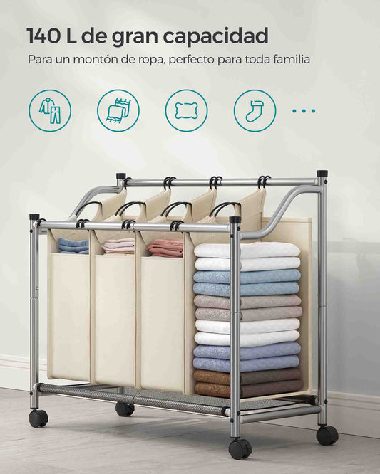 Cesto de Ropa Sucia, 4 x 35 L, Mueble Ropa Sucia, con Ruedas, 4 Bolsas Extraíbles, Cesta Ropa, Gris, SONGMICS, 4