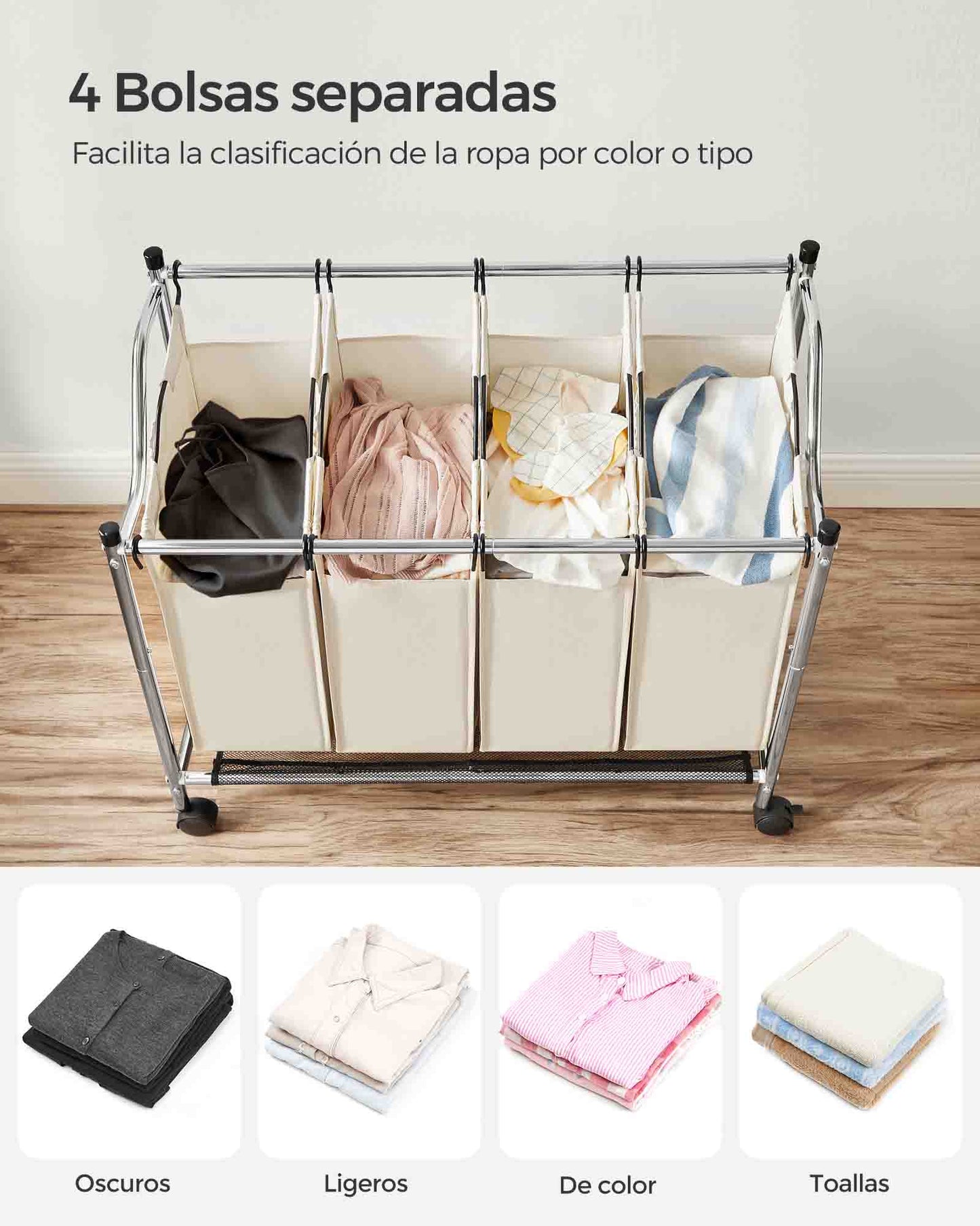Cesto de Ropa Sucia, 4 x 35 L, Mueble Ropa Sucia, con Ruedas, 4 Bolsas Extraíbles, Cesta Ropa, Gris, SONGMICS, 5