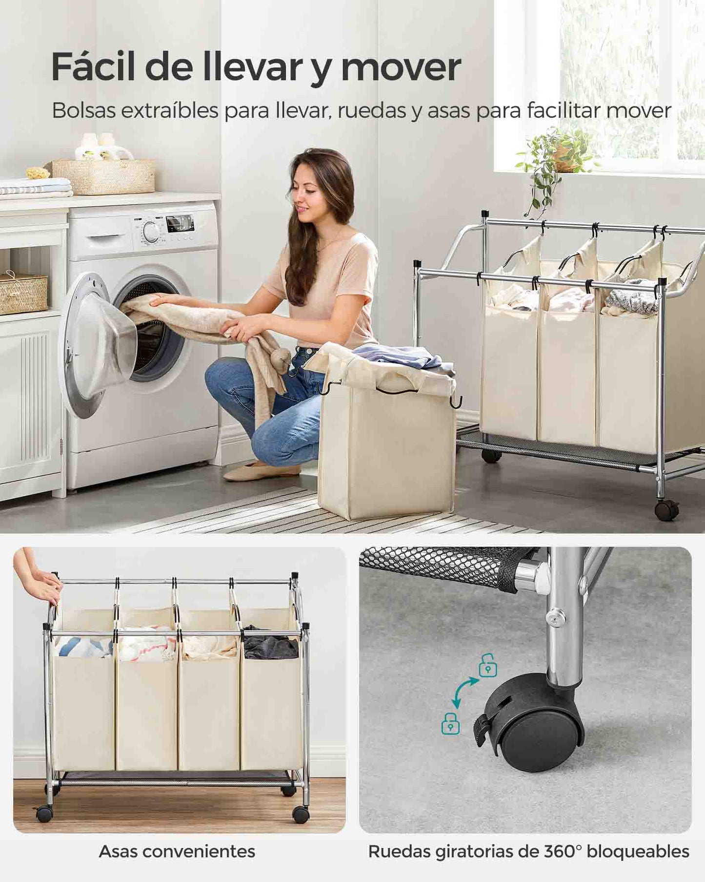 Cesto de Ropa Sucia, 4 x 35 L, Mueble Ropa Sucia, con Ruedas, 4 Bolsas Extraíbles, Cesta Ropa, Gris, SONGMICS, 6
