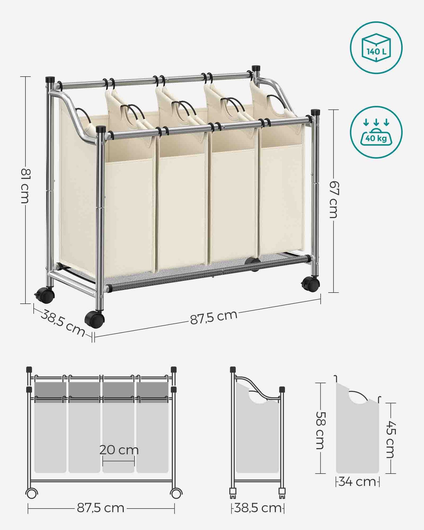 Cesto de Ropa Sucia, 4 x 35 L, Mueble Ropa Sucia, con Ruedas, 4 Bolsas Extraíbles, Cesta Ropa, Gris, SONGMICS, 7