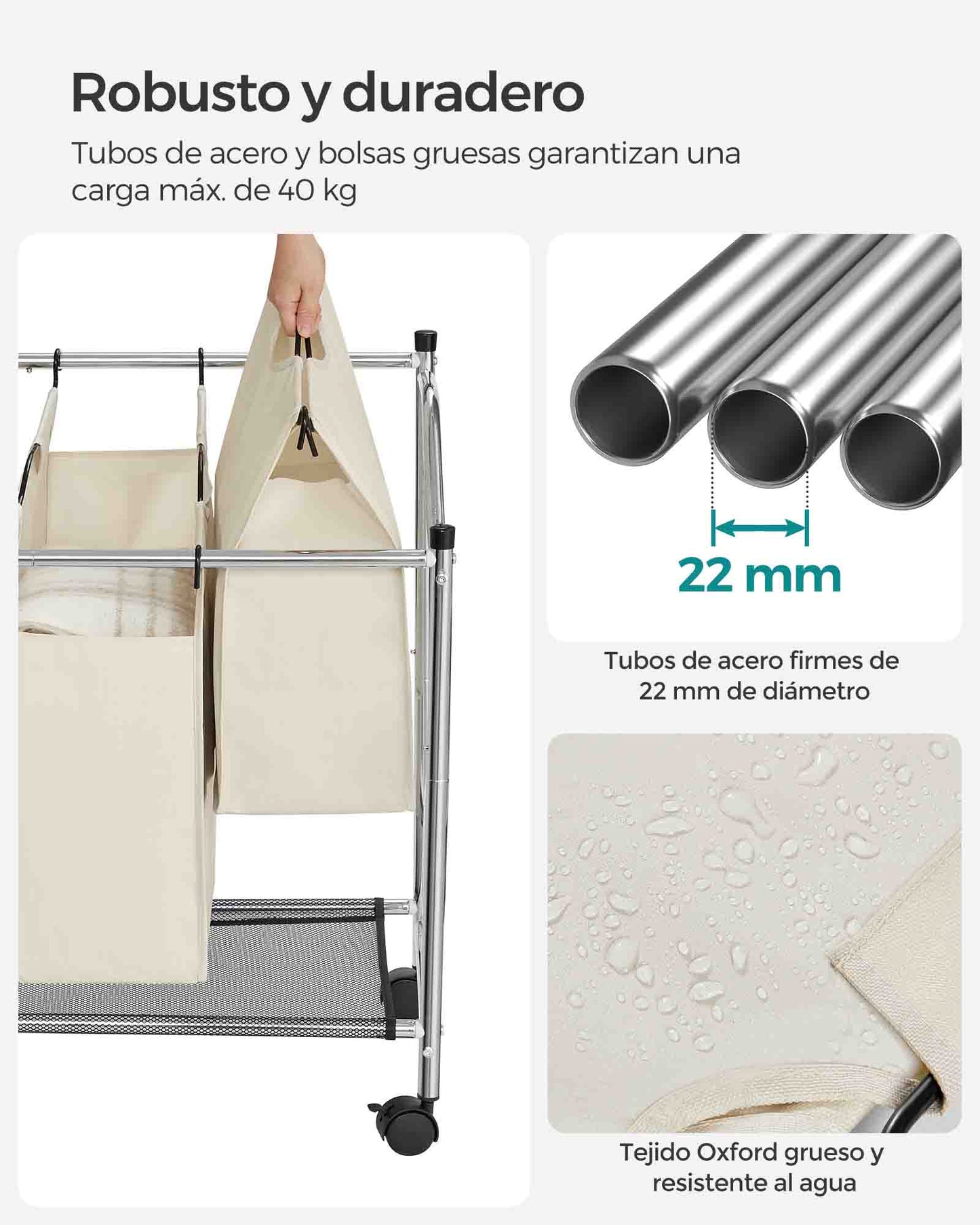 Cesto de Ropa Sucia, 4 x 35 L, Mueble Ropa Sucia, con Ruedas, 4 Bolsas Extraíbles, Cesta Ropa, Gris, SONGMICS, 8