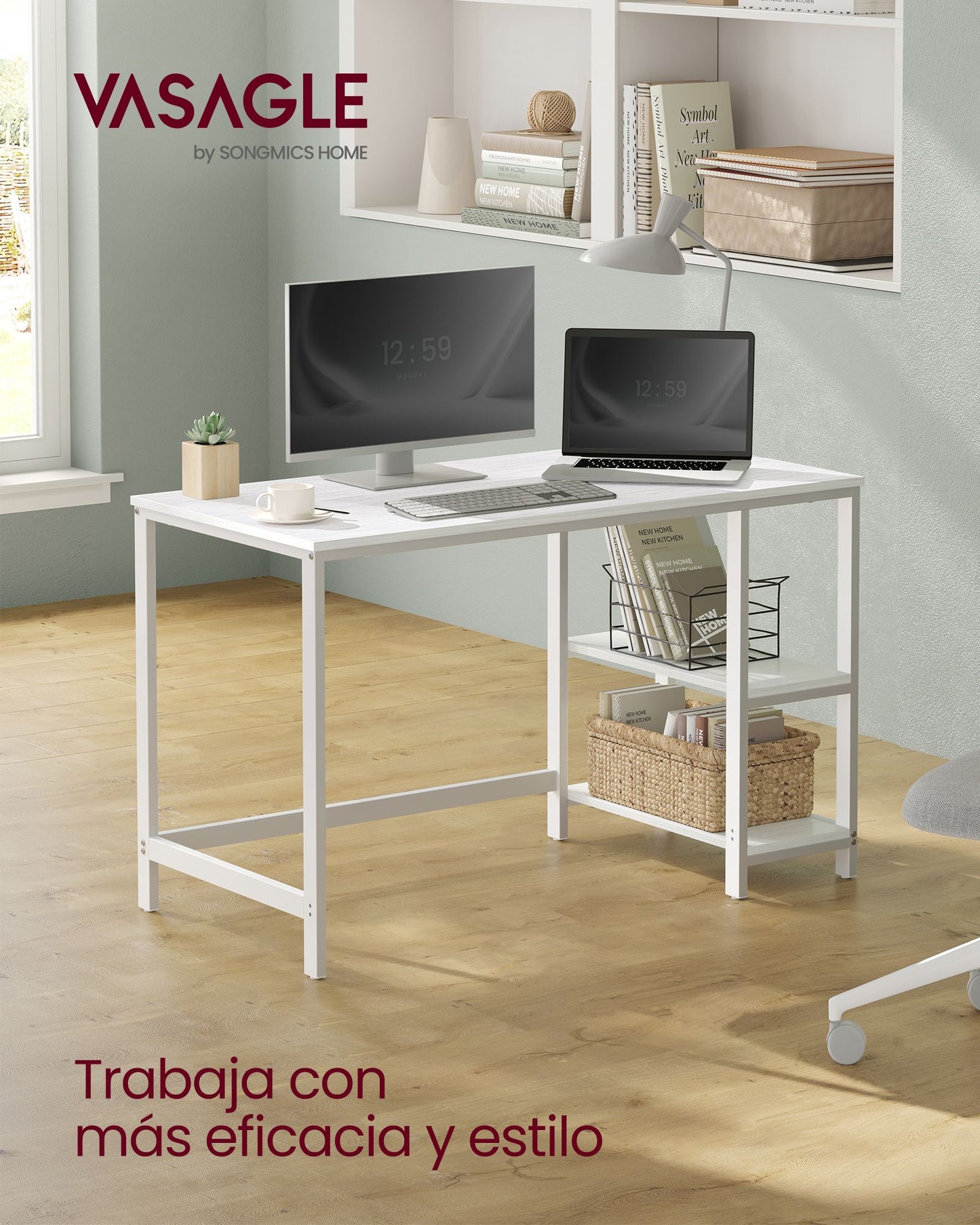 Escritorio, Mesa Ordenador, Escritorio con Estanteria, 2 Estante a la Izquierda o a la Derecha, Blanco, Vasagle, 2