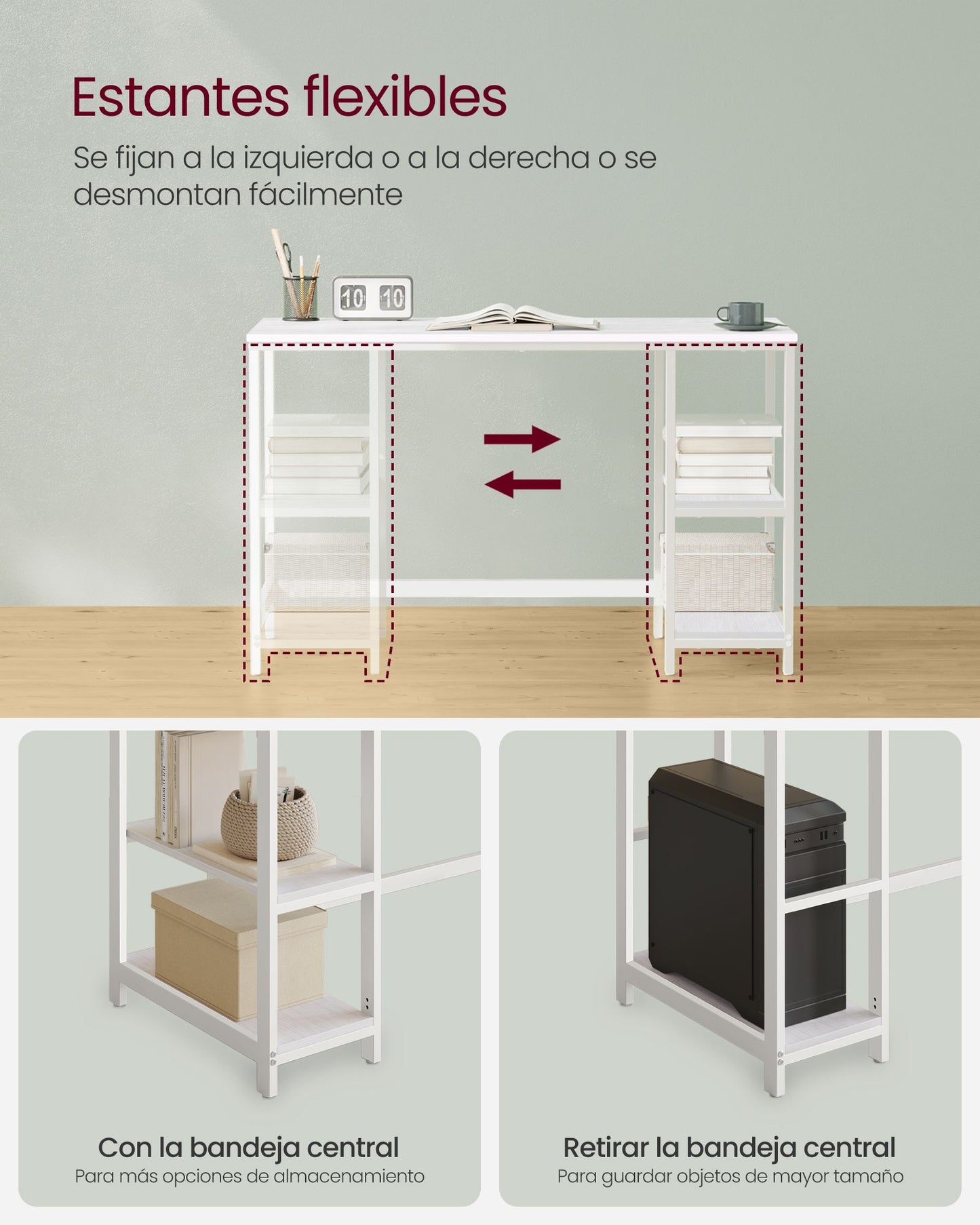 Escritorio, Mesa Ordenador, Escritorio con Estanteria, 2 Estante a la Izquierda o a la Derecha, Blanco, Vasagle, 3