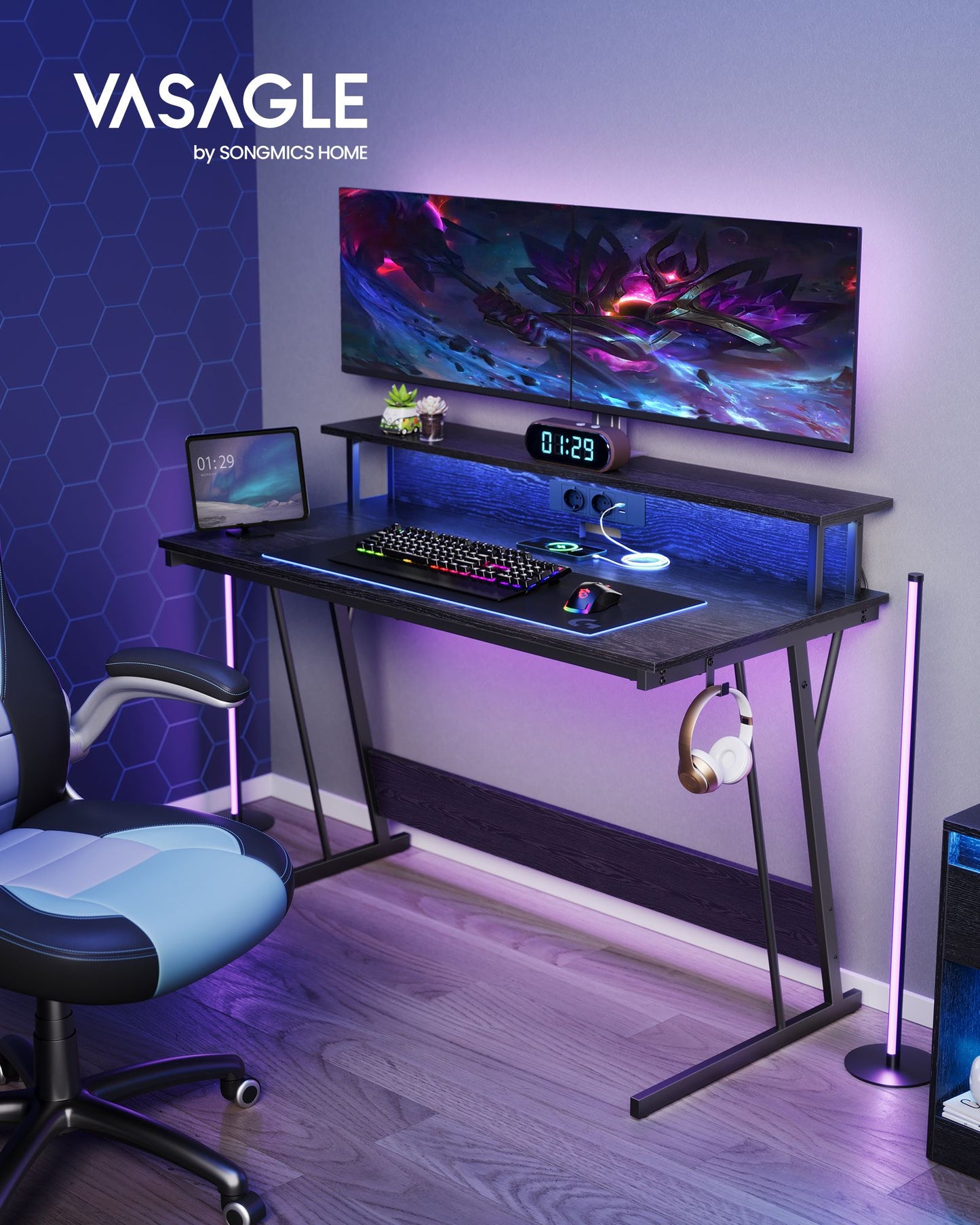 Mesa Gamer, Escritorio Juvenil, Mesa Ordenador, con Luces LED, con Estante para 2 Monitores, Negro, Vasagle, 2