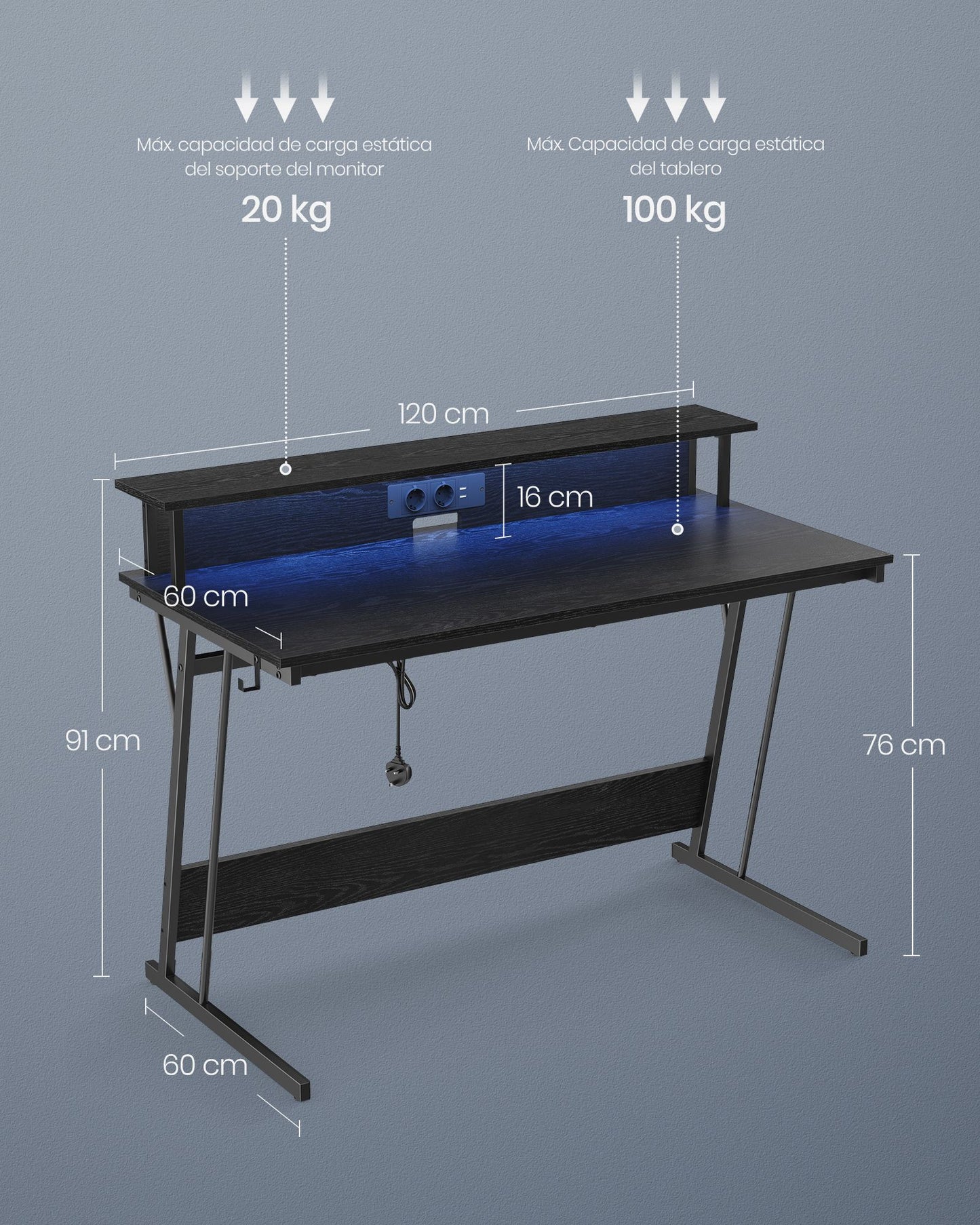 Mesa Gamer, Escritorio Juvenil, Mesa Ordenador, con Luces LED, con Estante para 2 Monitores, Negro, Vasagle, 5