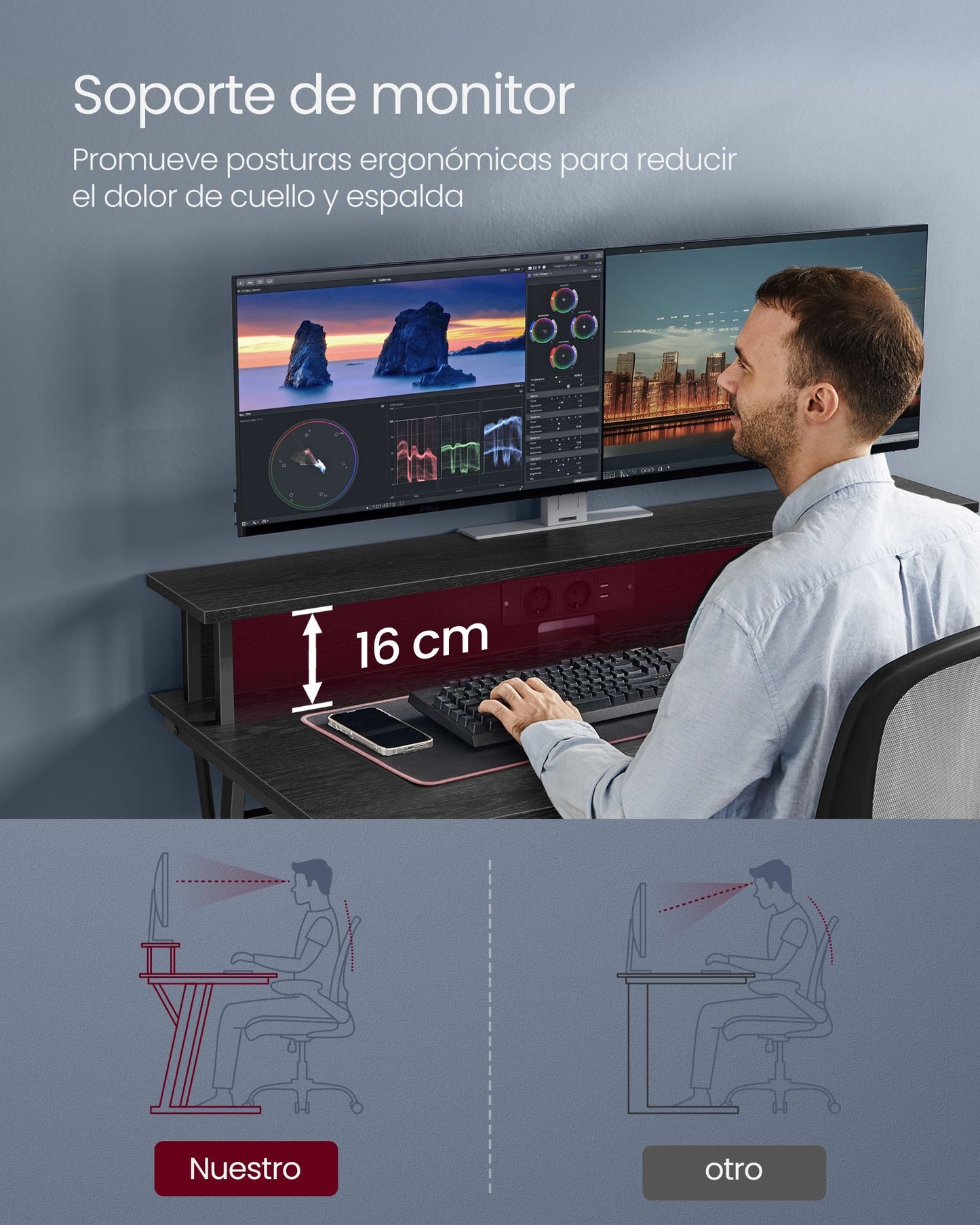 Mesa Gamer, Escritorio Juvenil, Mesa Ordenador, con Luces LED, con Estante para 2 Monitores, Negro, Vasagle, 6