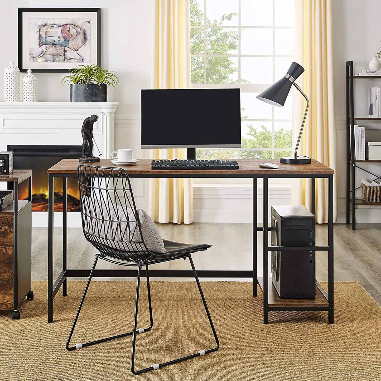 Escritorio, Mesa Ordenador, Escritorio con Estanteria, 2 Estantes a la Izquierda o a la Derecha, Marrón Rústico Negro, Vasagle, 2