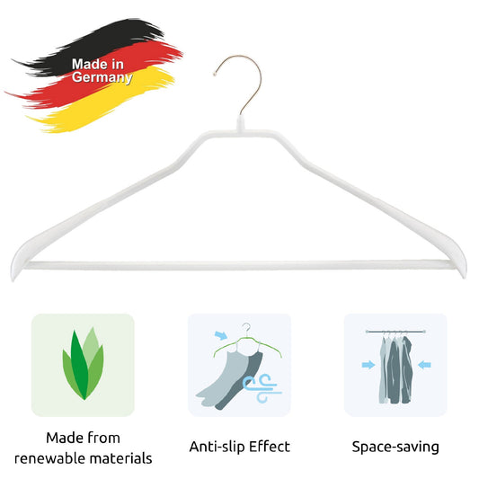 MAWA Bodyform LS - Perchas, 10 piezas, Perchas para Pantalones, con una Barra, ancho 42 cm, Gancho giratorio, con Hombrera, MAWA Bodyform LS - Blanco, 2