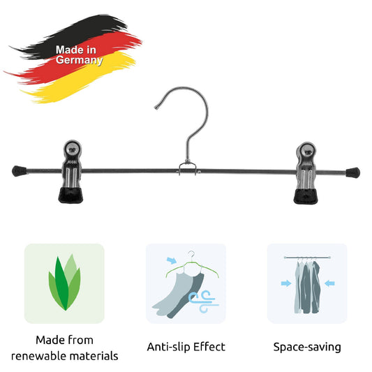 Perchas para Pantalones, con Clips, 10 piezas, Perchas, ancho 30cm, Antideslizantes, Gancho giratorio, MAWA Clip K D - Negro, 2