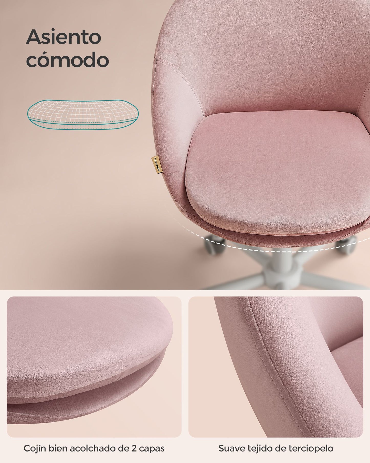 Silla Escritorio Ergonomica, Silla Escritorio, Silla Estudio, Silla Giratoria, Altura Ajustable, Rosa, Songmics, 6