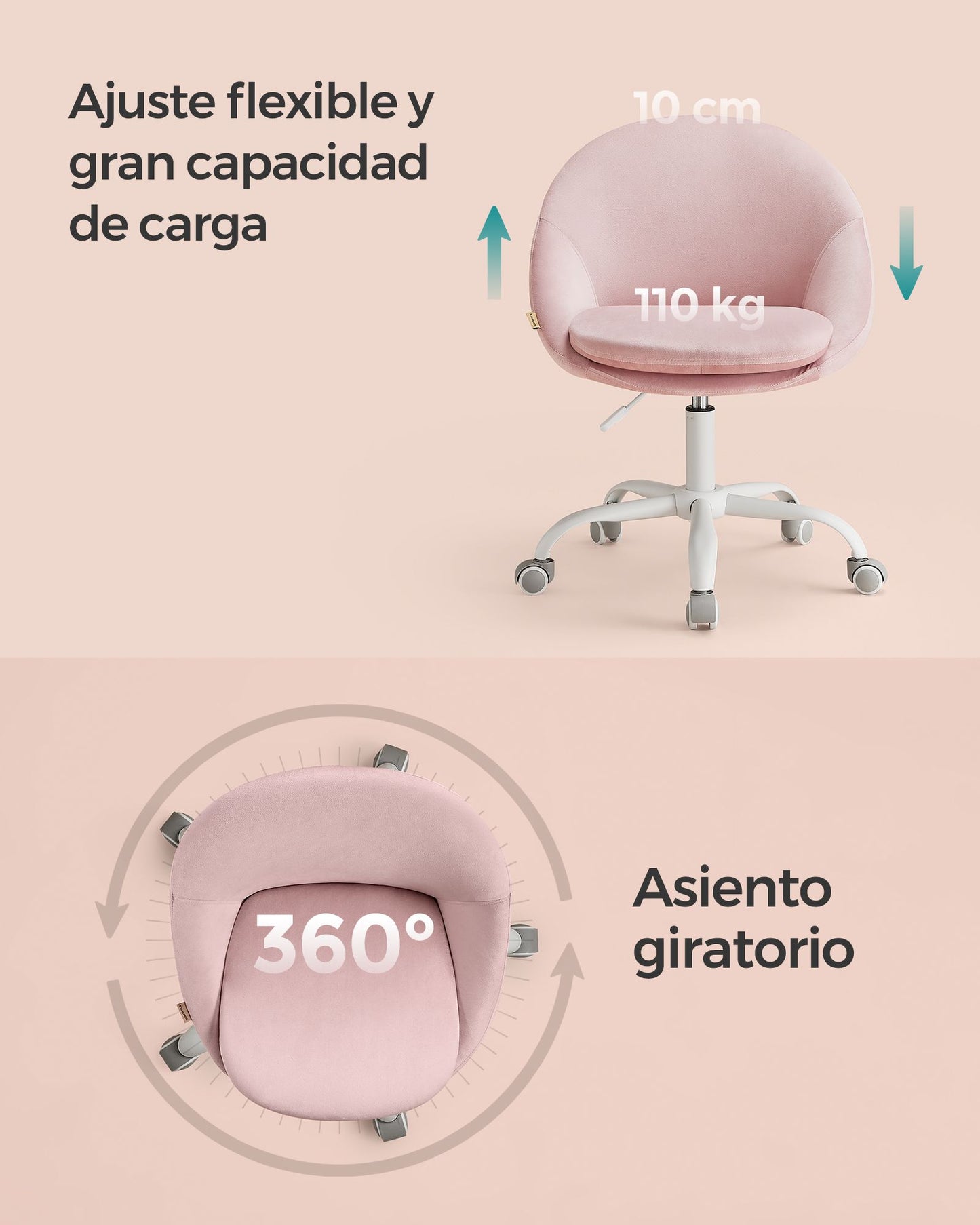 Silla Escritorio Ergonomica, Silla Escritorio, Silla Estudio, Silla Giratoria, Altura Ajustable, Rosa, Songmics, 7
