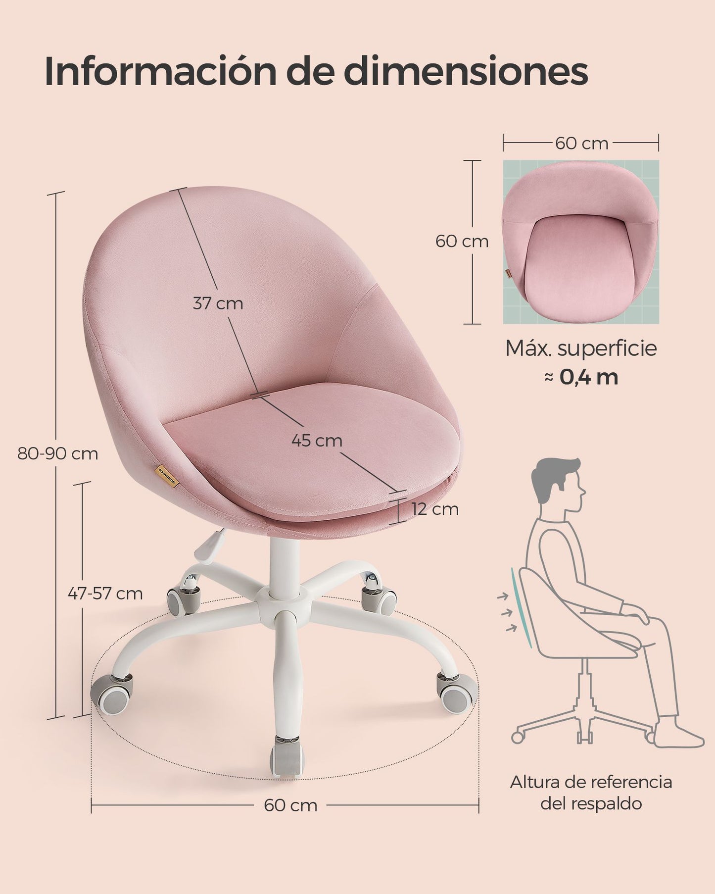 Silla Escritorio Ergonomica, Silla Escritorio, Silla Estudio, Silla Giratoria, Altura Ajustable, Rosa, Songmics, 9