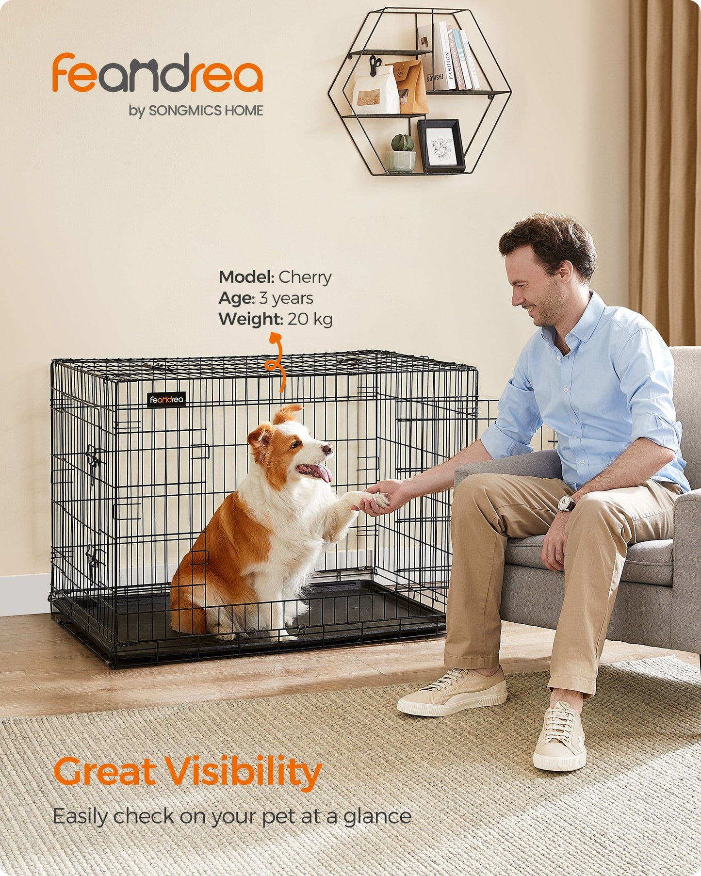 Jaula perro Grande, Jaula para Perros, Plegable, 2 Puertas, Bandeja Extraíble, Cerraduras Dobles, XL, Negro, Feandrea, 3