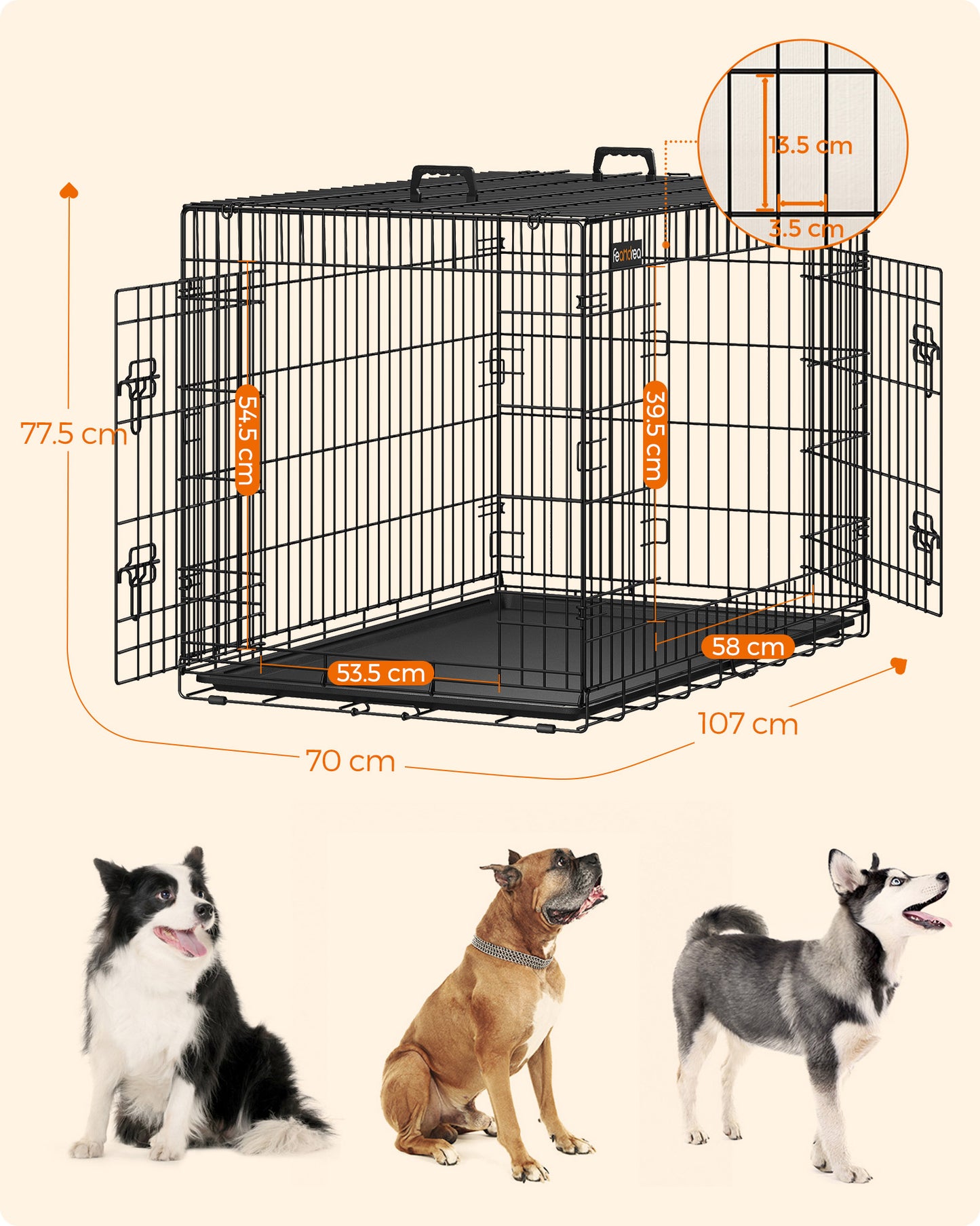 Jaula perro Grande, Jaula para Perros, Plegable, 2 Puertas, Bandeja Extraíble, Cerraduras Dobles, XL, Negro, Feandrea, 5