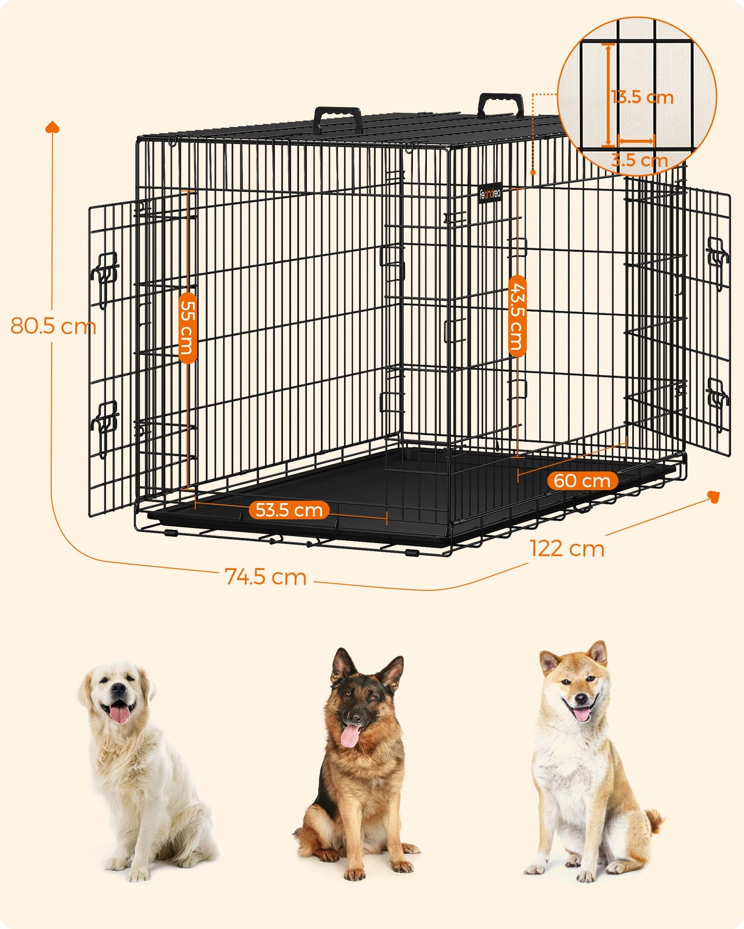 Jaula para Perros, con 2 puertas con cerradura, Jaula perro Grande, una pared divisoria desmontable, Negro, Feandrea, 5