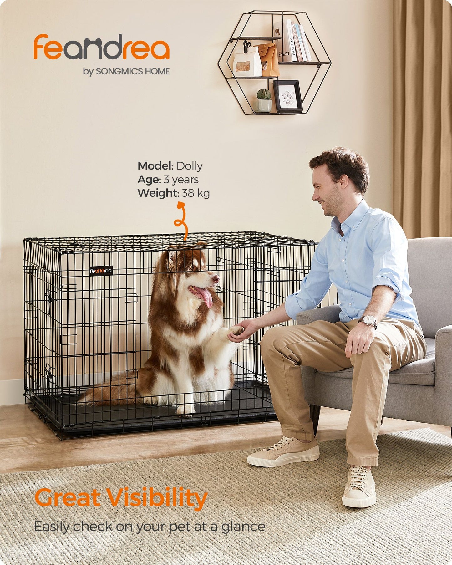 Jaula para Perros, con 2 puertas con cerradura, Jaula perro Grande, una pared divisoria desmontable, Negro, Feandrea, 3