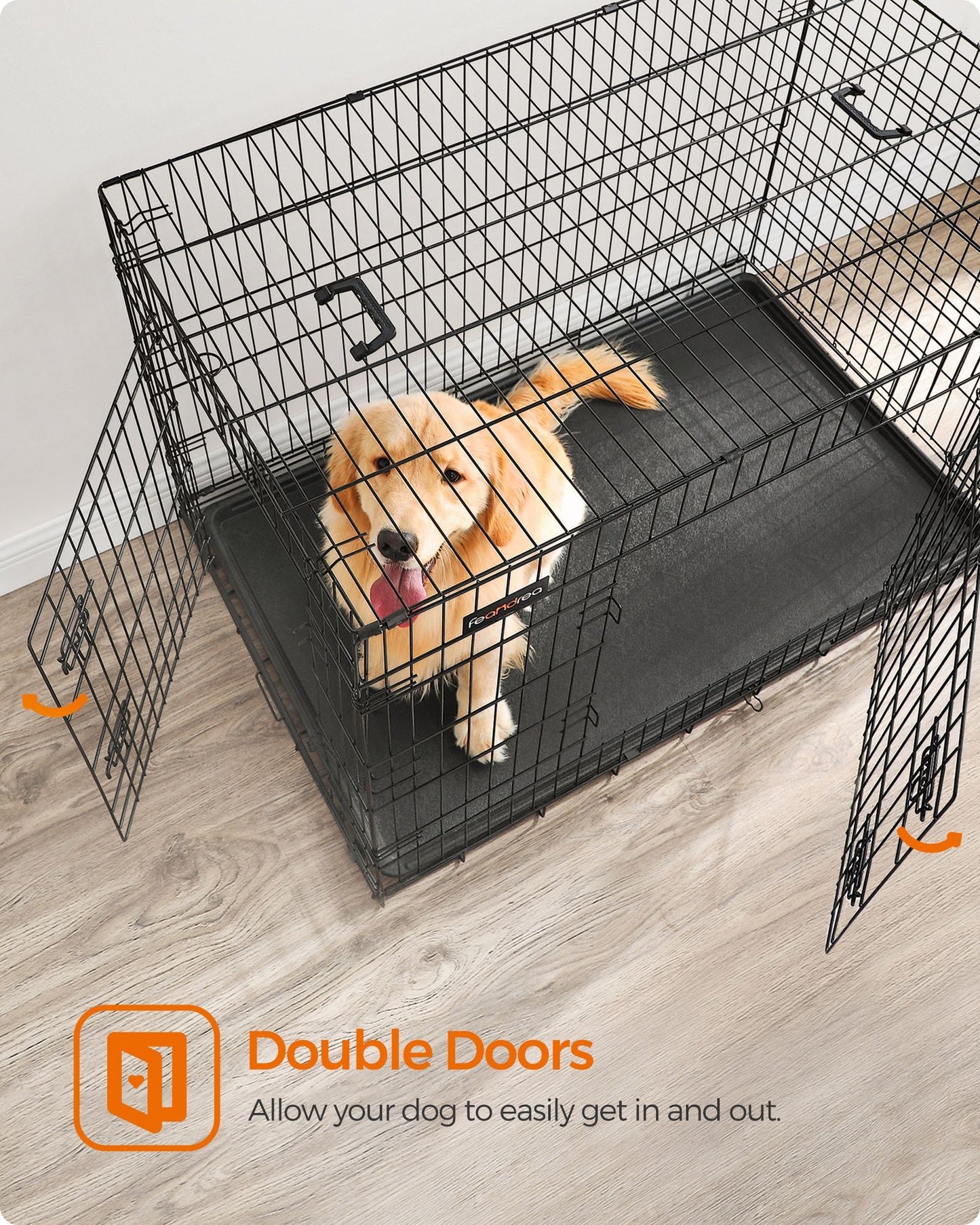Jaula perro Grande, Jaula para Perros, Plegable, 2 Puertas, Bandeja Extraíble, Cerraduras Dobles, XXL, Negro, Feandrea, 7