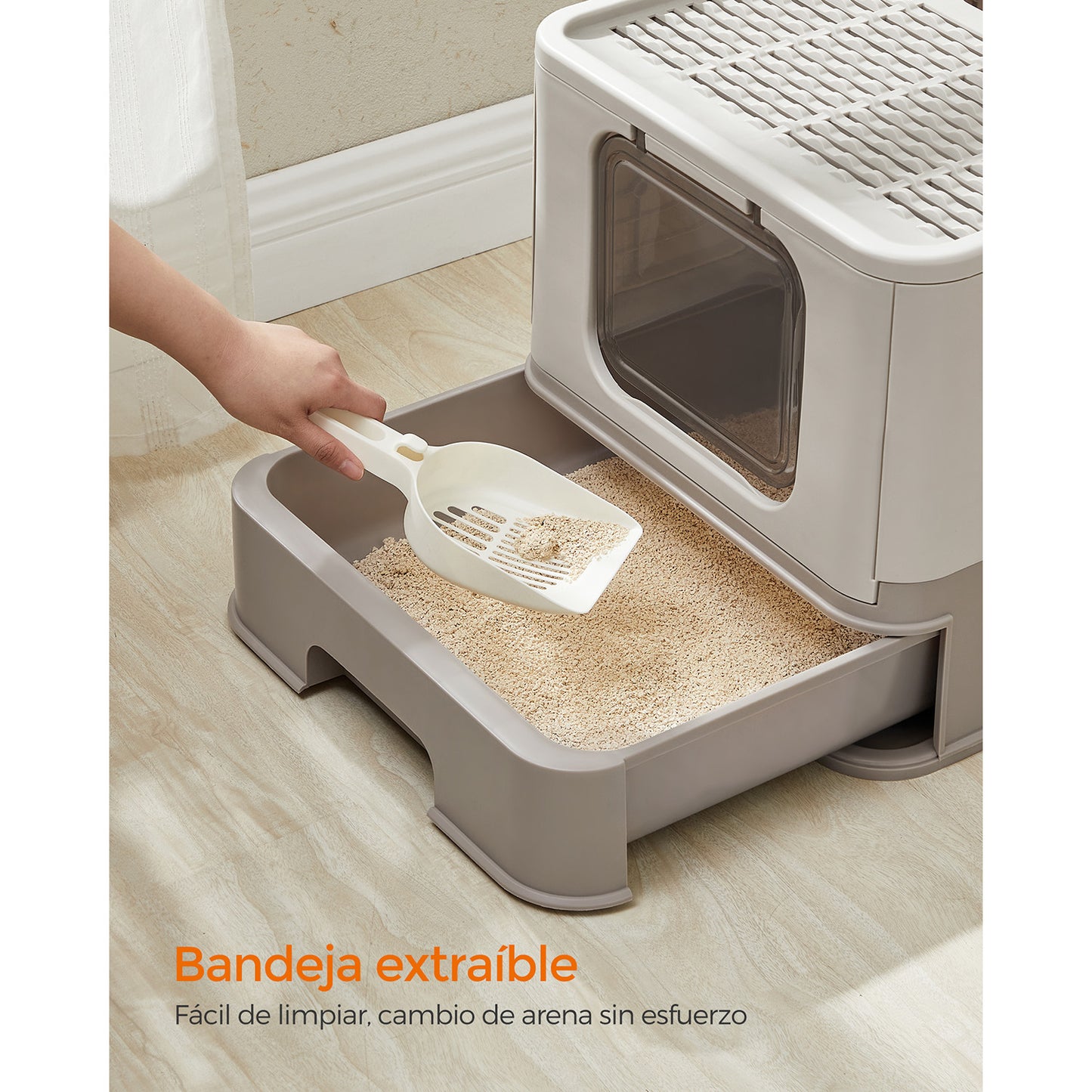 Arenero para Gatos, para Gatos Grandes, Carga de 15kg, con Bandeja Extraíble, Pala, Cepillo, Antifiltración, Gris, Feandrea, 3
