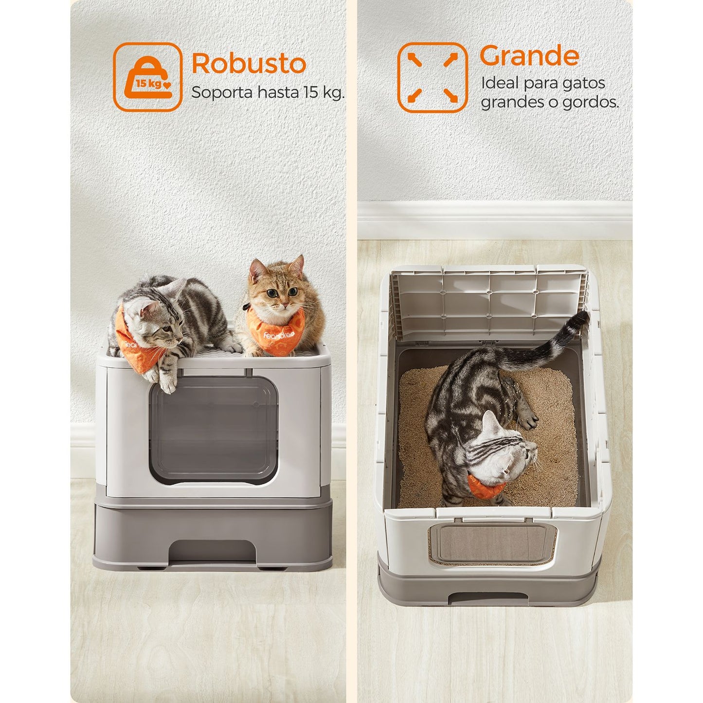 Arenero para Gatos, para Gatos Grandes, Carga de 15kg, con Bandeja Extraíble, Pala, Cepillo, Antifiltración, Gris, Feandrea, 6