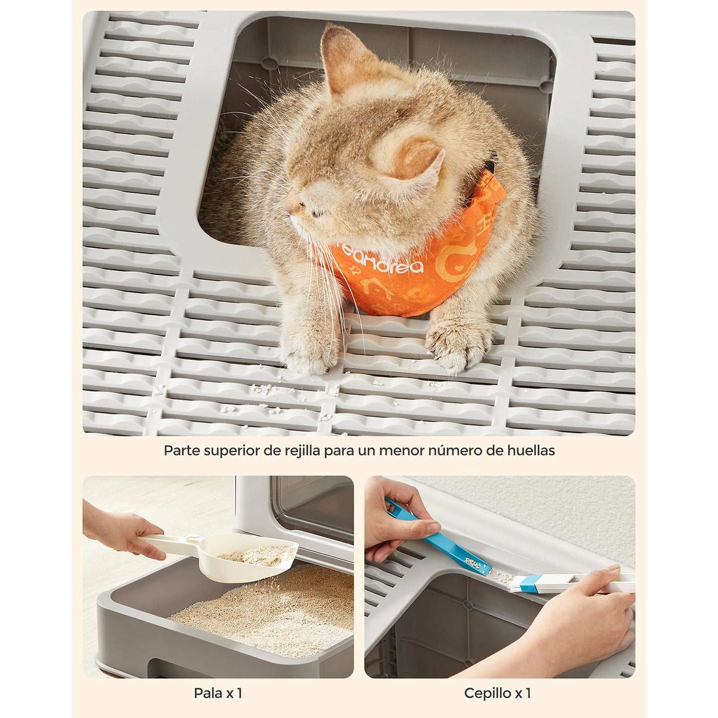 Arenero para Gatos, para Gatos Grandes, Carga de 15kg, con Bandeja Extraíble, Pala, Cepillo, Antifiltración, Gris, Feandrea, 8