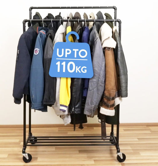 Perchero, Burro de Ropa, Resistente, Perchero Burro, con ruedas, Metal, con 2 barras y estante, Tatkraft Pantera, 8