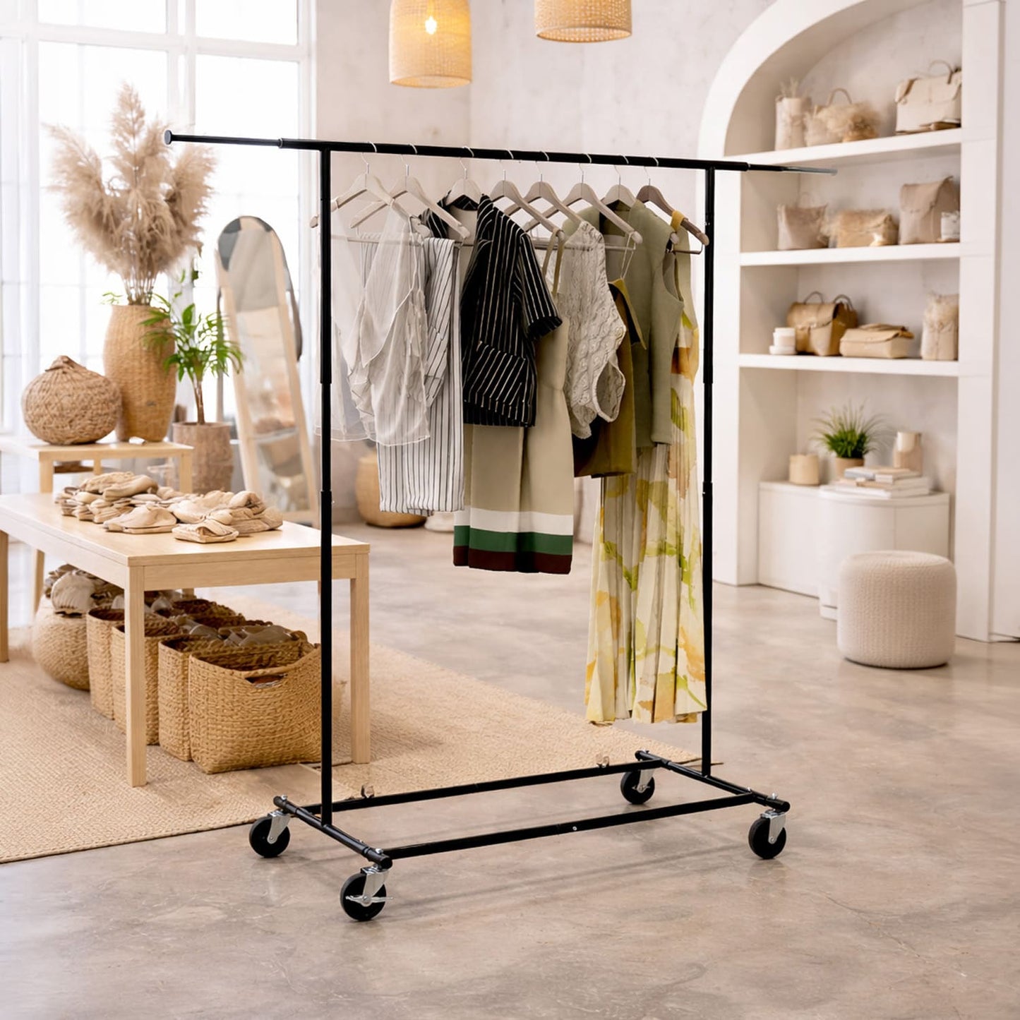 Perchero Plegable para Tiendas y Casa, Colgador de Pie Robusto hasta 70 kg, Riel Metálico Ajustable con Ruedas, 9