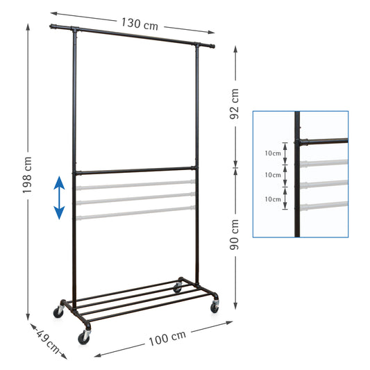 Perchero, con 2 barras, Burro Ropa, Resistente, Metal, Perchero Burro, con Ruedas,Tatkraft Drago, 3