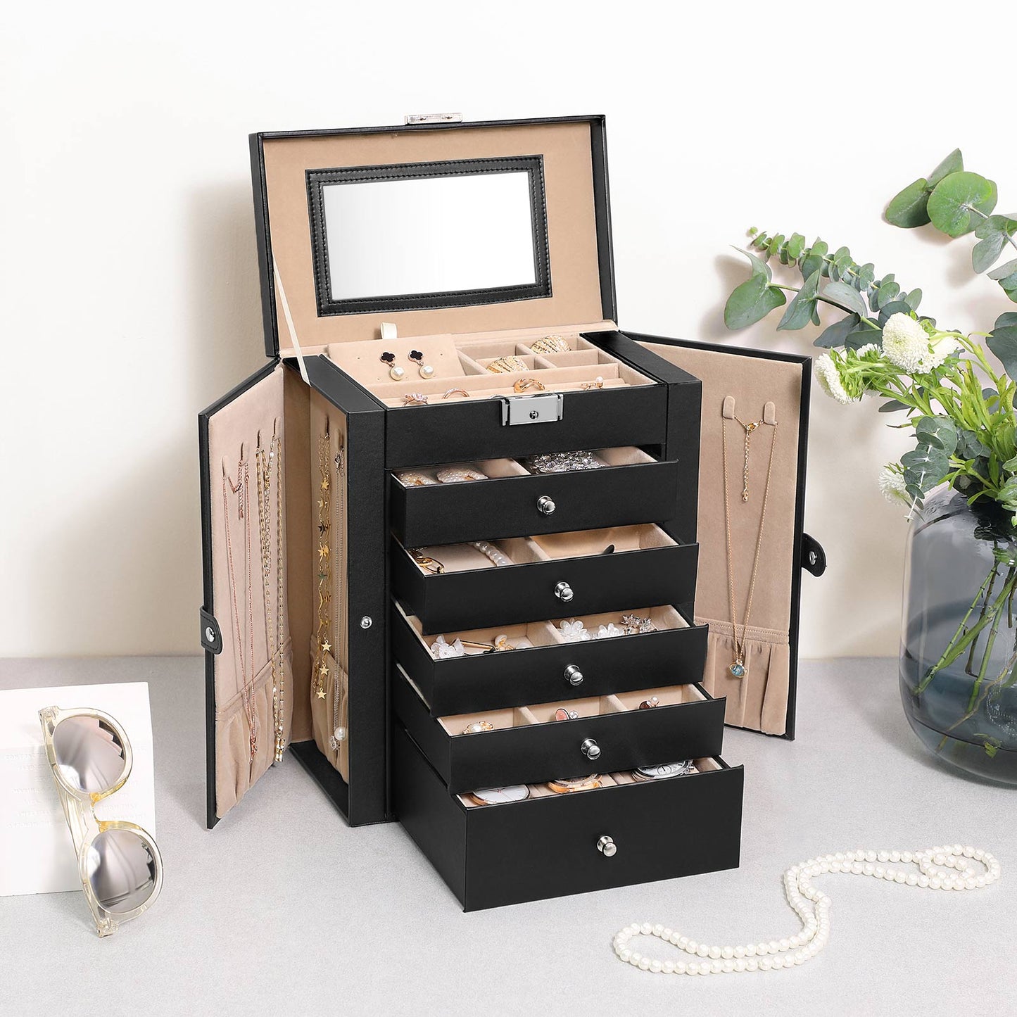 Joyero Grande, Caja Joyero de 6 Niveles, Caja para Joyas con 5 Cajones, Gran Espacio, Interior con Espejo, Negro, SONGMICS, 1