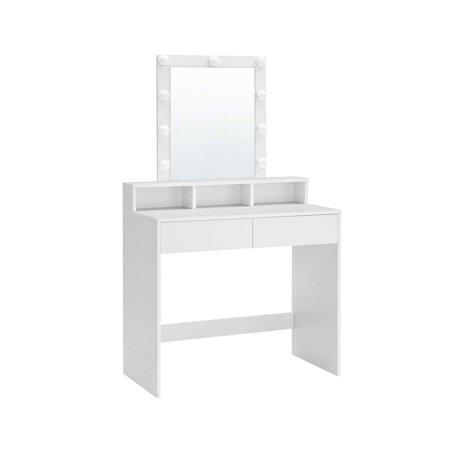 Tocador Maquillaje, Tocador con Espejo, Luces LED con Brillo Ajustable, 2 Cajones y 3 Compartimentos, Moderno, Blanco, VASAGLE, 9