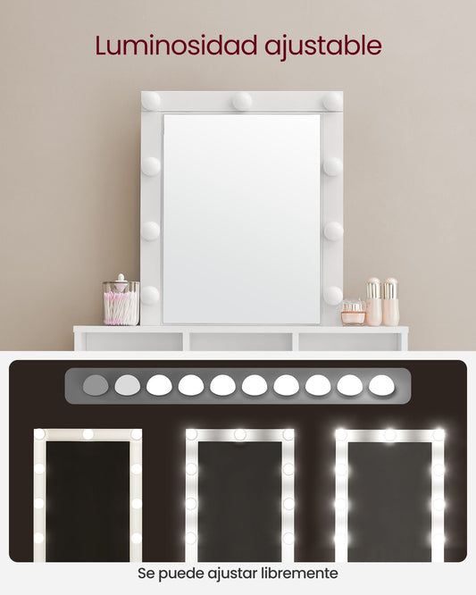 Tocador Maquillaje, Tocador con Espejo, Luces LED con Brillo Ajustable, 2 Cajones y 3 Compartimentos, Moderno, Blanco, VASAGLE, 2