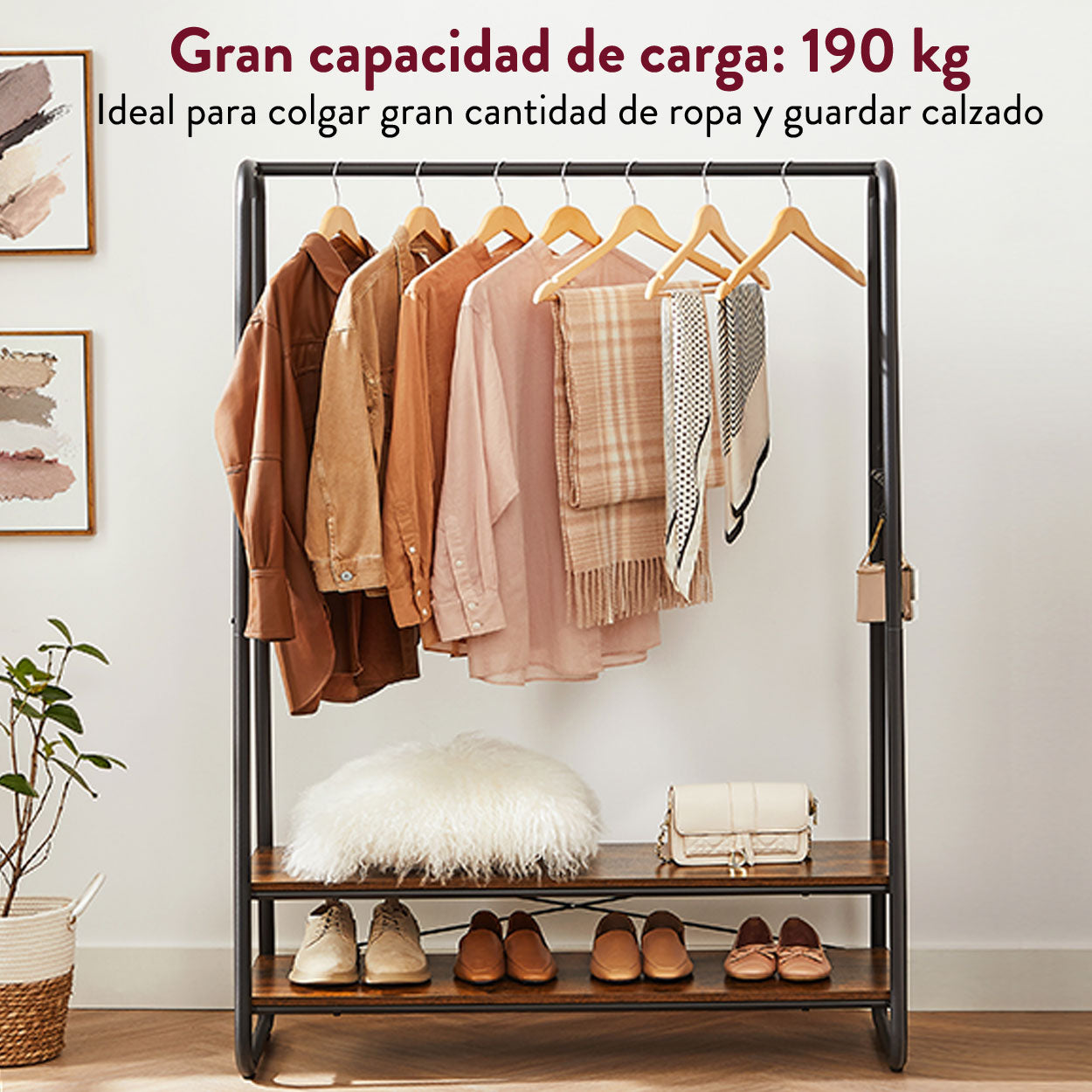 Burro Ropa, Soporta Hasta 190 kg, Burro Ropa Resistente, Perchero de Servicio Pesado con 2 Estantes, Vasagle