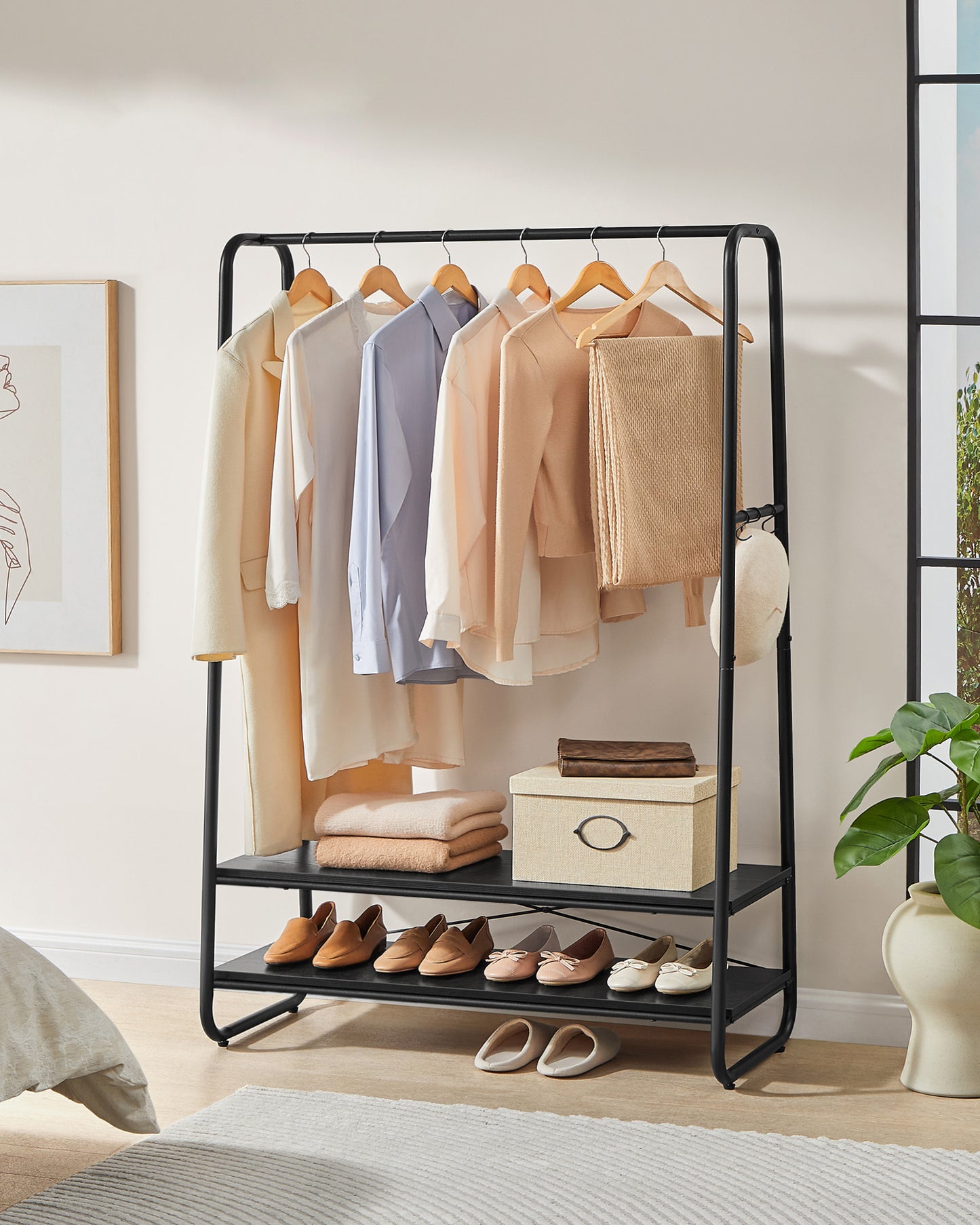 Burro Ropa, Burro Ropa Resistente, Soporta Hasta 190 kg, con 2 Estantes y 6 Ganchos, Negro, VASAGLE, 3