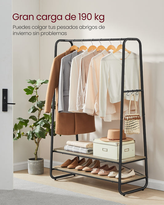 Burro Ropa, Burro Ropa Resistente, Soporta Hasta 190 kg, con 2 Estantes y 6 Ganchos, Marrón Turquesa Negro, VASAGLE, 4