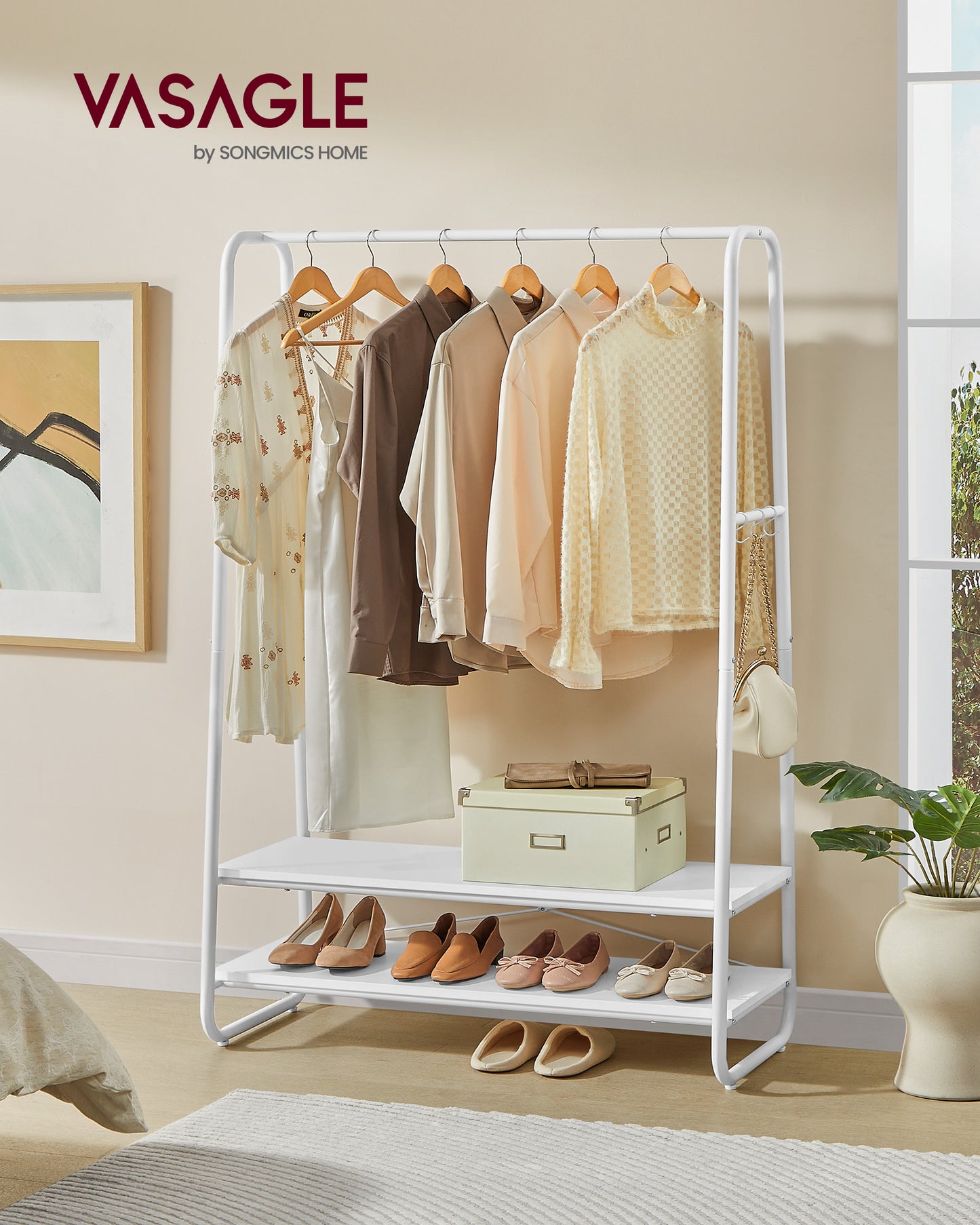 Burro Ropa, Burro Ropa Resistente, Soporta Hasta 190 kg, con 2 Estantes y 6 Ganchos, Blanco Nube y Blanco Mate, VASAGLE, 3