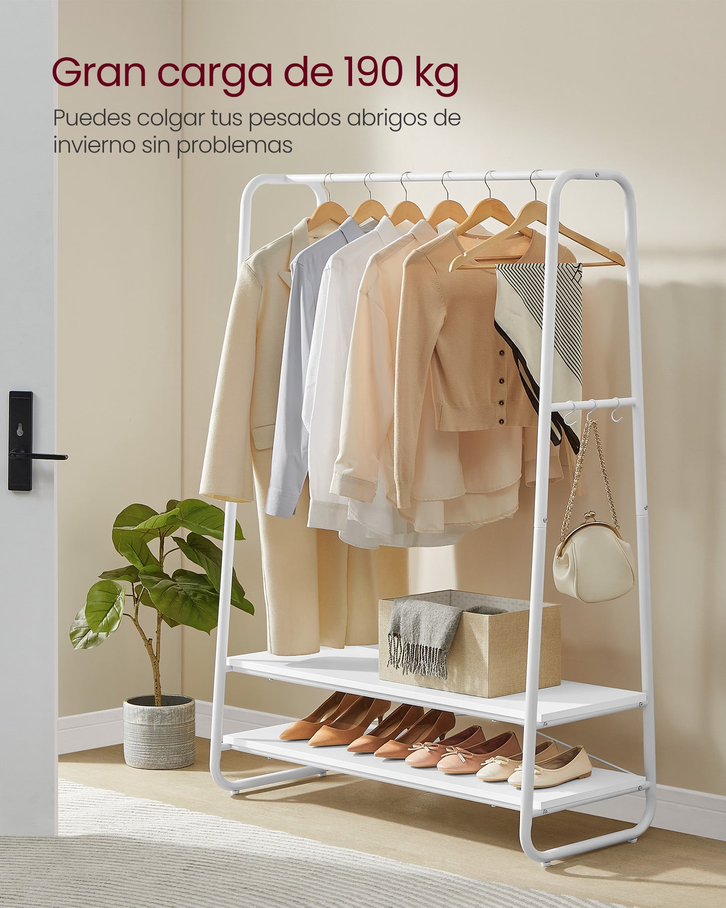 Burro Ropa, Burro Ropa Resistente, Soporta Hasta 190 kg, con 2 Estantes y 6 Ganchos, Blanco Nube y Blanco Mate, VASAGLE, 4