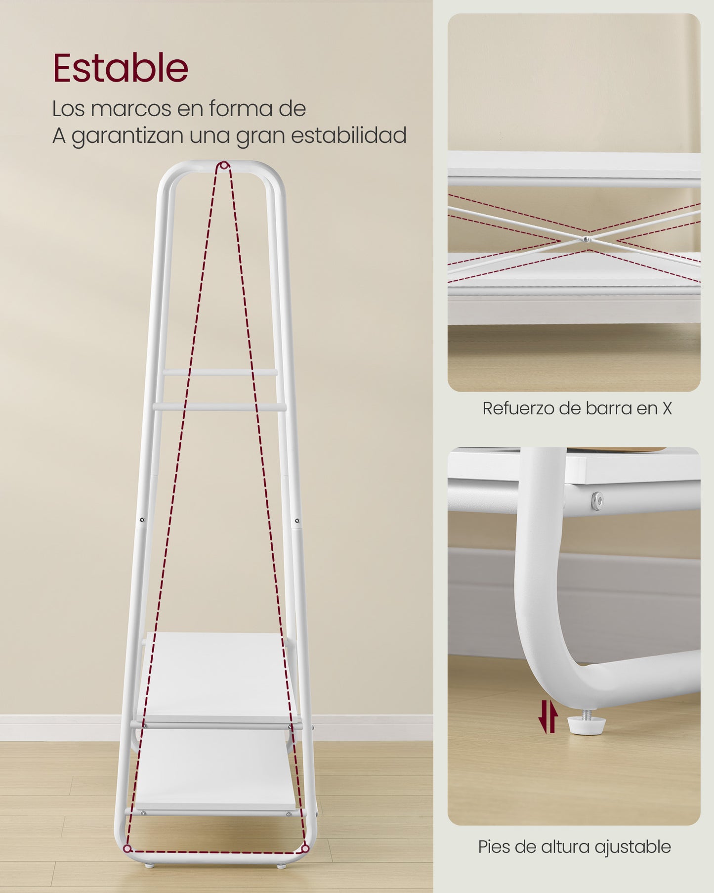 Burro Ropa, Burro Ropa Resistente, Soporta Hasta 190 kg, con 2 Estantes y 6 Ganchos, Blanco Nube y Blanco Mate, VASAGLE, 5