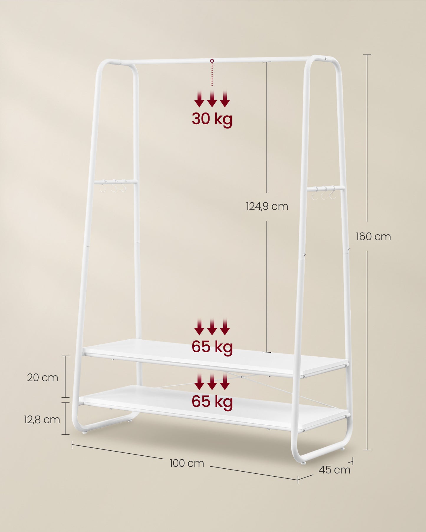 Burro Ropa, Burro Ropa Resistente, Soporta Hasta 190 kg, con 2 Estantes y 6 Ganchos, Blanco Nube y Blanco Mate, VASAGLE, 7