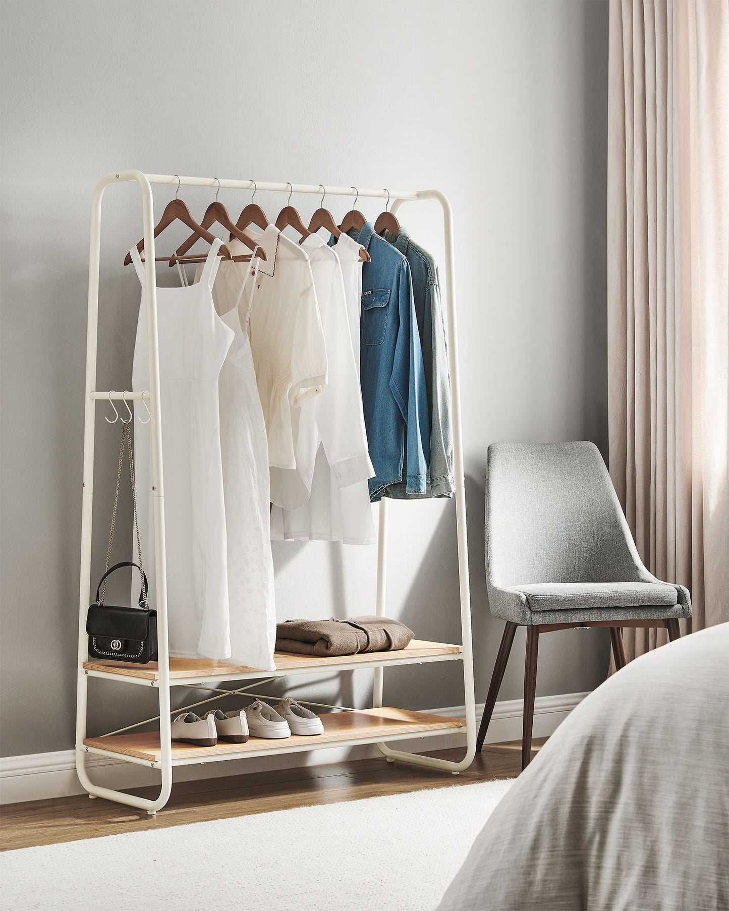 Burro Ropa, Burro Ropa Resistente, Soporta Hasta 190 kg, con 2 Estantes y 6 Ganchos, Roble y Blanco, VASAGLE, 4