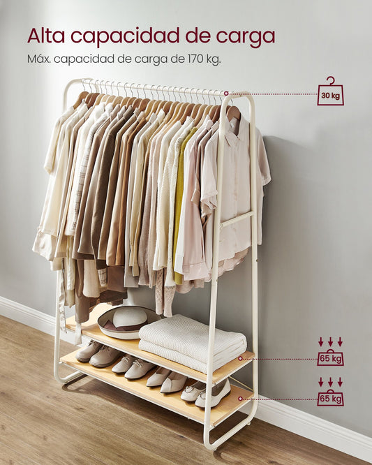 Burro Ropa, Burro Ropa Resistente, Soporta Hasta 190 kg, con 2 Estantes y 6 Ganchos, Roble y Blanco, VASAGLE, 6