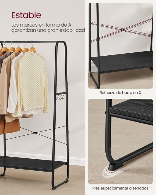 Burro Ropa Resistente, Soporta Hasta 220kg, 5 Estantes de Almacenamiento, 6 Ganchos Laterales, Dormitorio, Negro, VASAGLE, 4