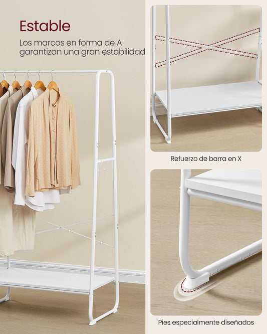 Burro Ropa Resistente, Soporta Hasta 220kg, 5 Estantes de Almacenamiento, 6 Ganchos Laterales, Blanco, VASAGLE, 4
