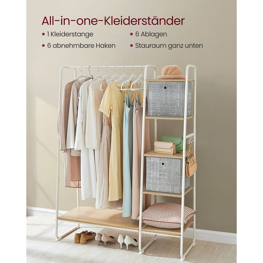 Burro Ropa, Burro Ropa Resistente, Soporta Hasta 220 kg, 5 Estantes de Almacenamiento, 6 Ganchos Laterales, Blanco, VASAGLE, 4