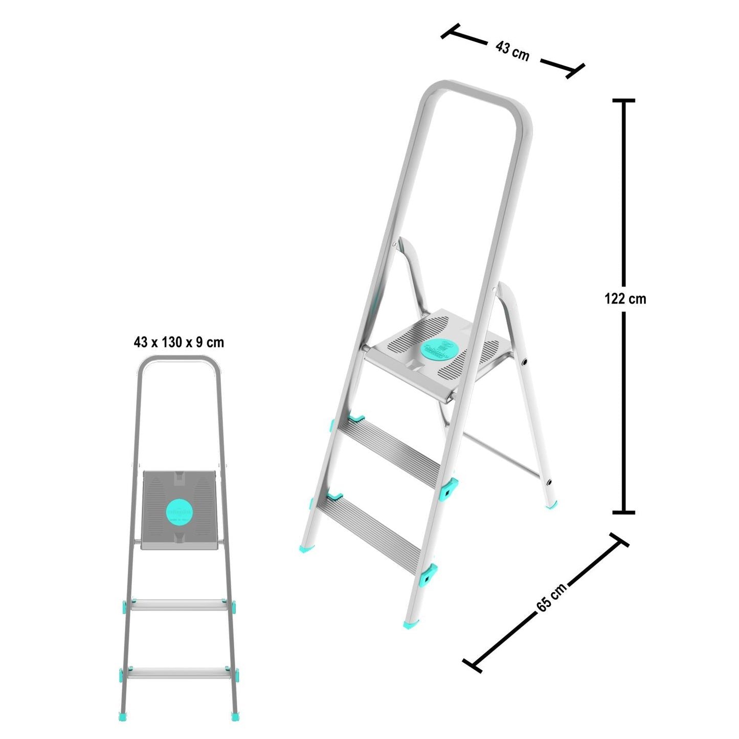 Escaleras de aluminio, Escalera 3 peldaños, Escalera plegable, Altura 61 cm, Carga máxima 150 kg, Aluminio, Colombo LIBELLULA , 3
